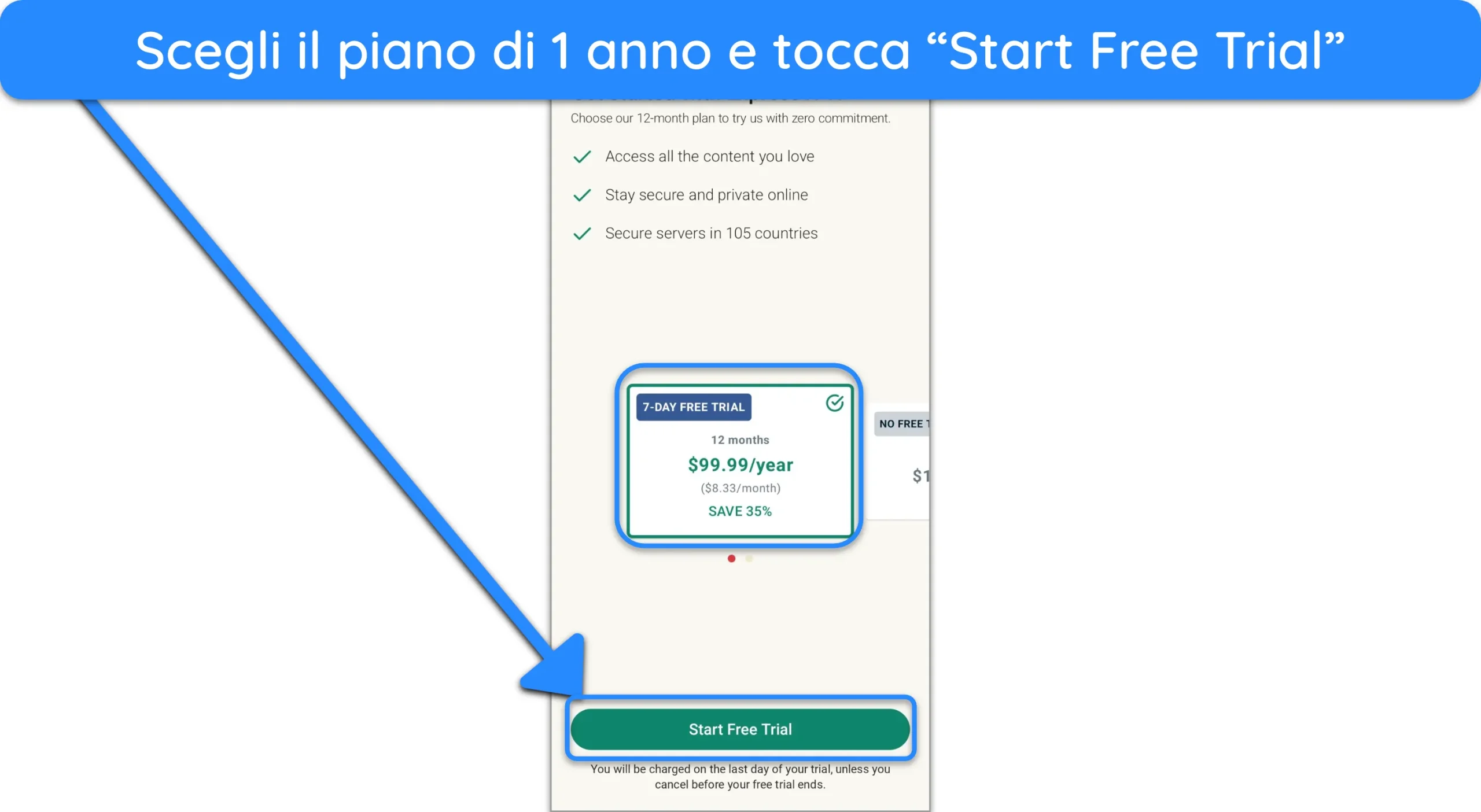 Screenshot che mostra come ottenere la prova gratuita dopo aver scelto il piano annuale di ExpressVPN.
