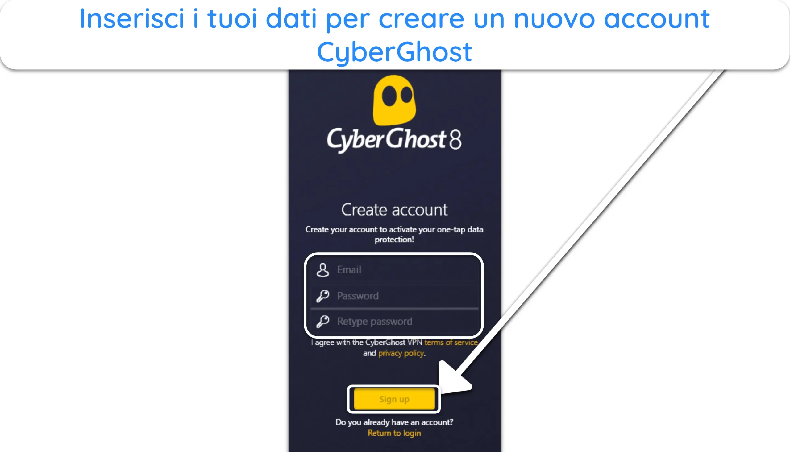 Screenshot che mostra come completare la registrazione a CyberGhost.