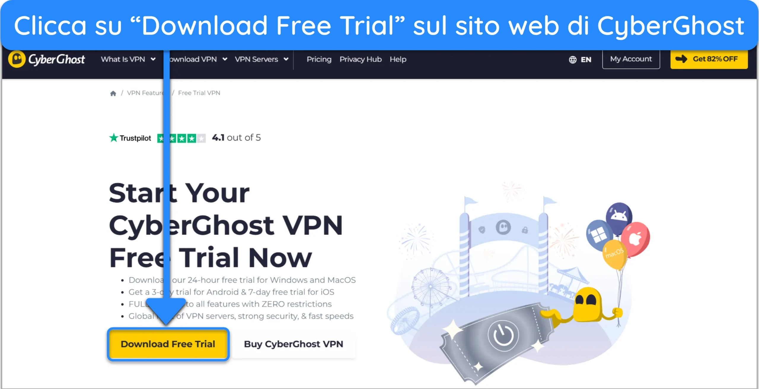 Screenshot che mostra come ottenere la prova gratuita di CyberGhost dal sito web ufficiale.