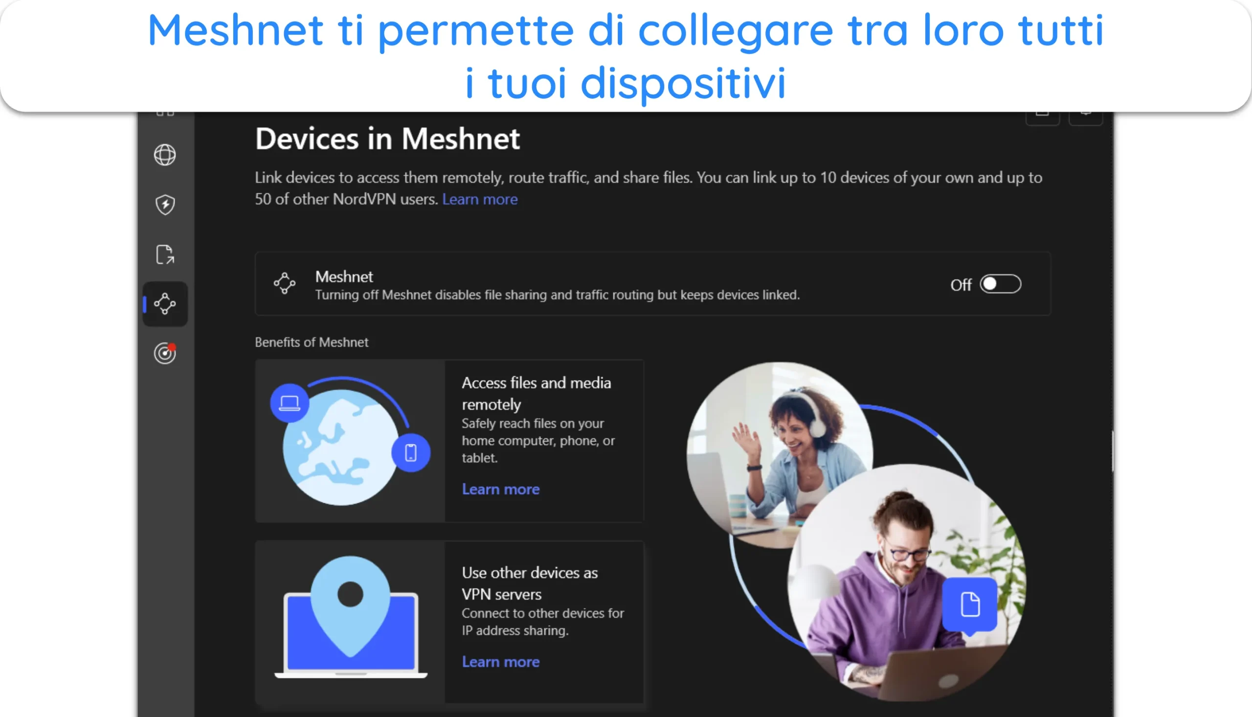Screenshot della funzionalità Meshnet di NordVPN.