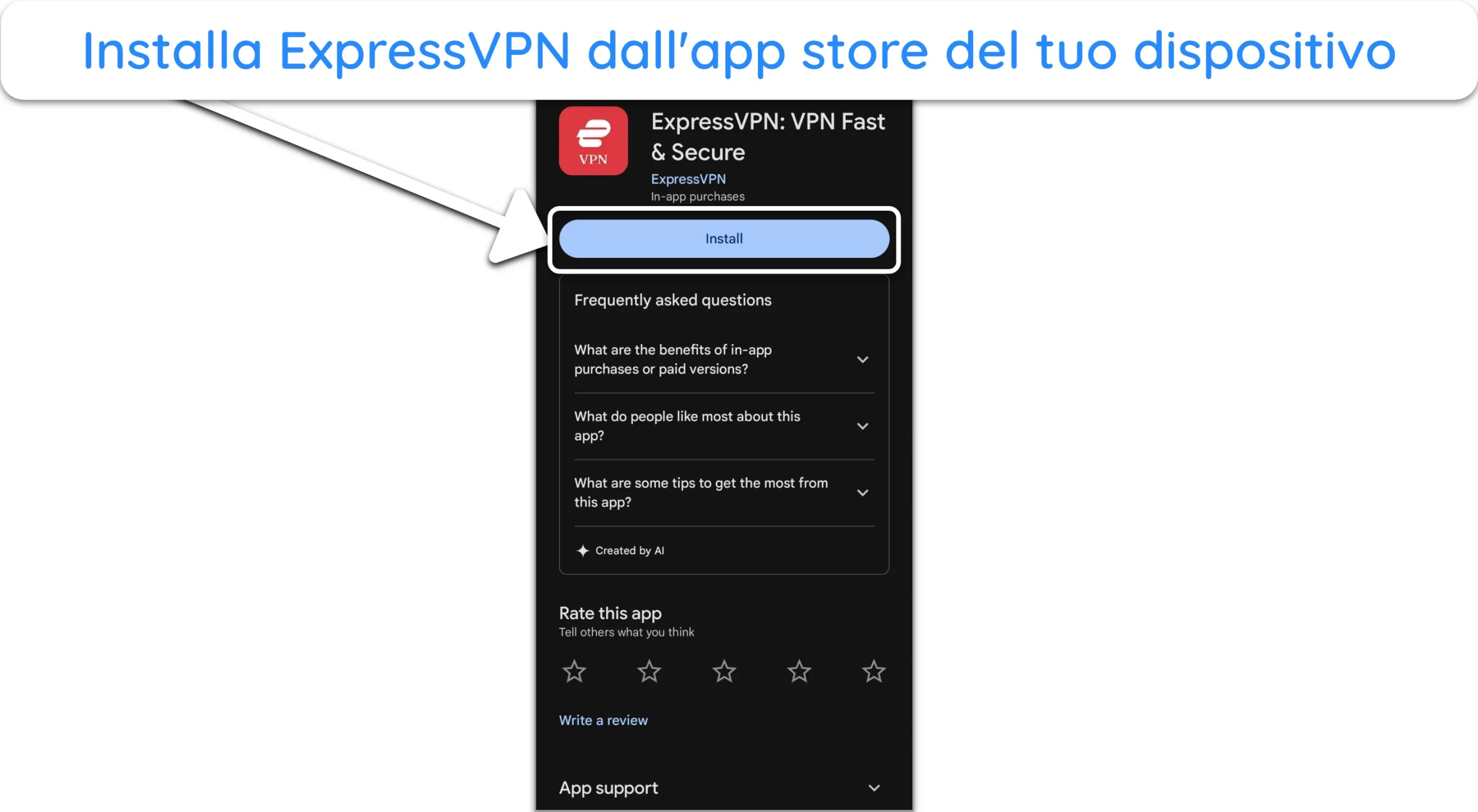 Screenshot che mostra come installare CyberGhost dal Google Play Store.