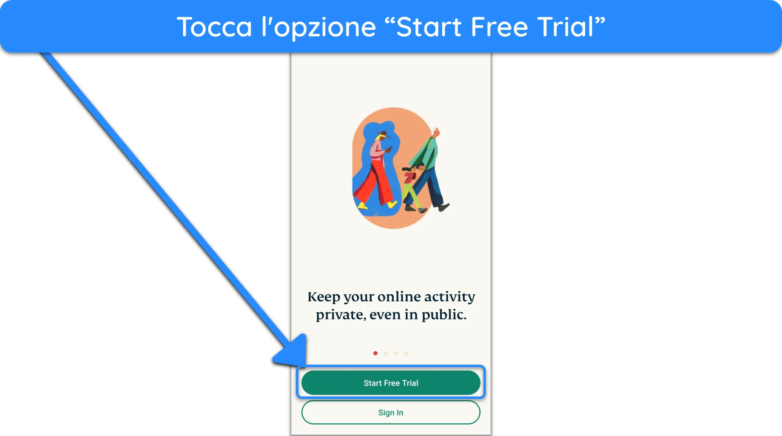Screenshot che mostra come ottenere la prova gratuita utilizzando l'app Android di ExpressVPN.