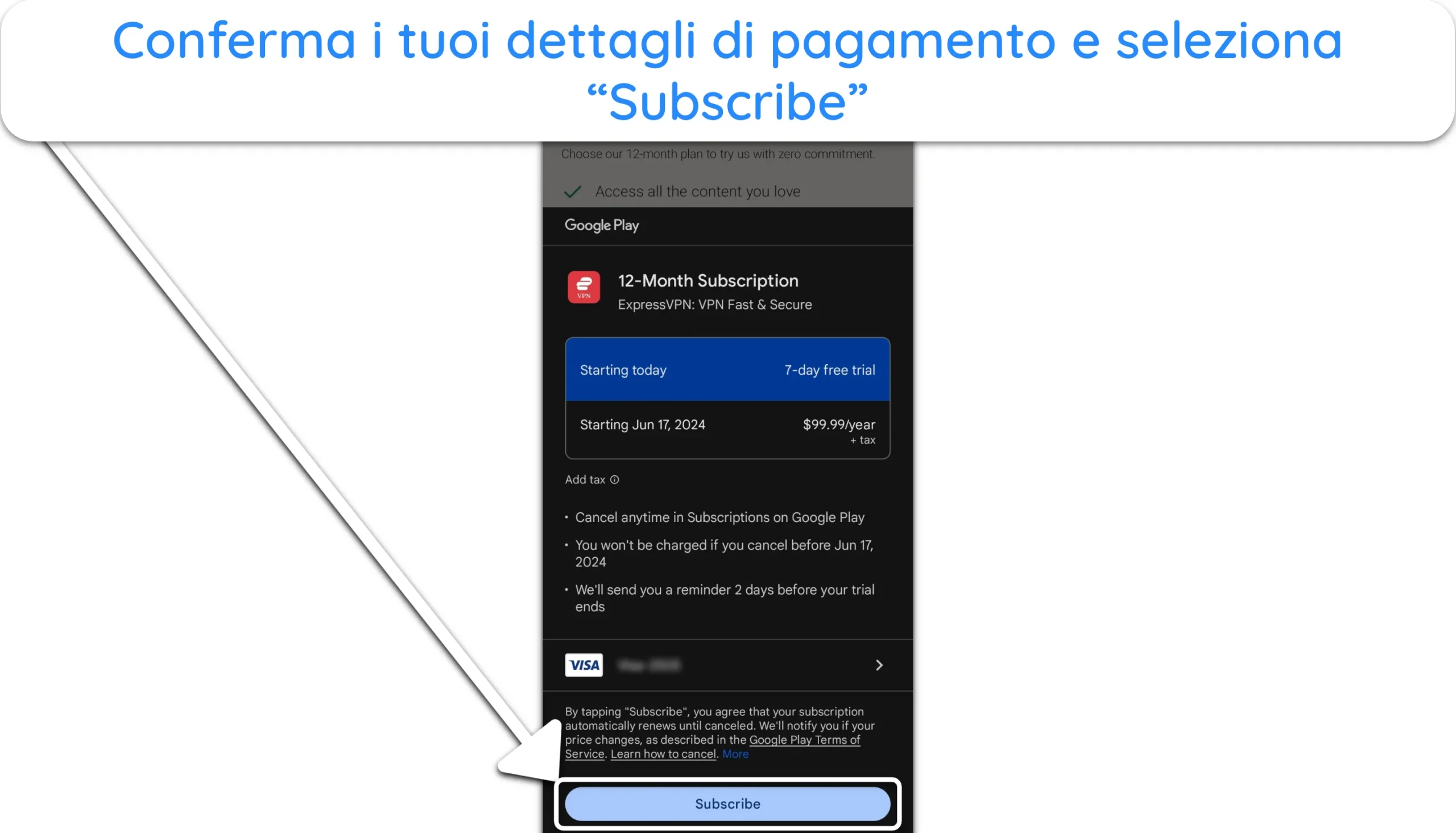 Screenshot che mostra come inserire i dettagli di pagamento e iniziare a utilizzare la prova gratuita di 7 giorni di ExpressVPN.