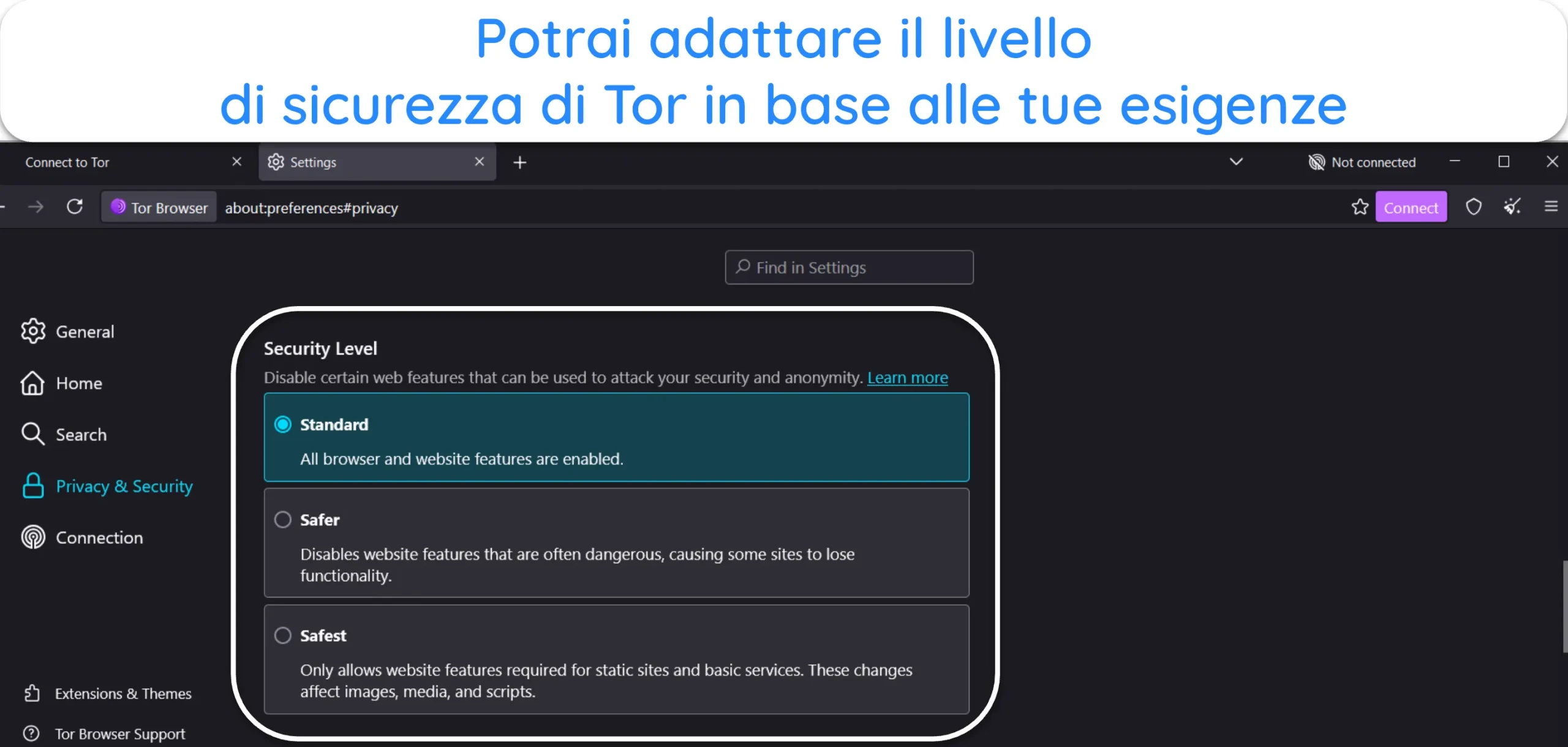 Screenshot che mostra l'opzione Livello di sicurezza nelle impostazioni di Tor
