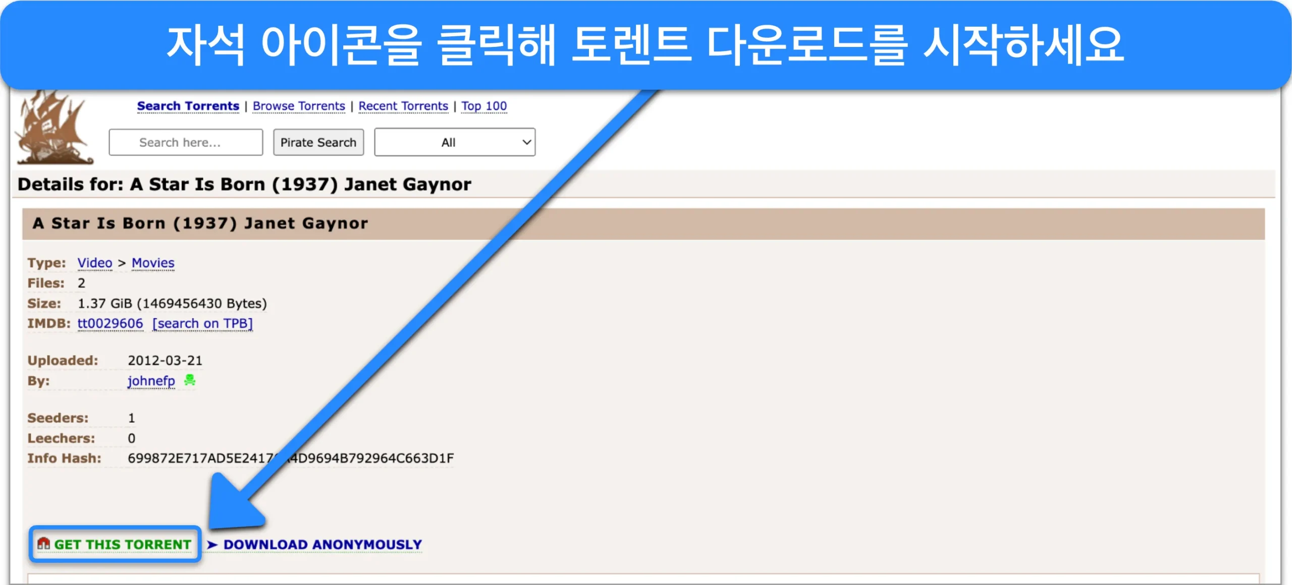 The Pirate Bay에 있는 토렌트 파일의 마그넷 링크 스크린샷.