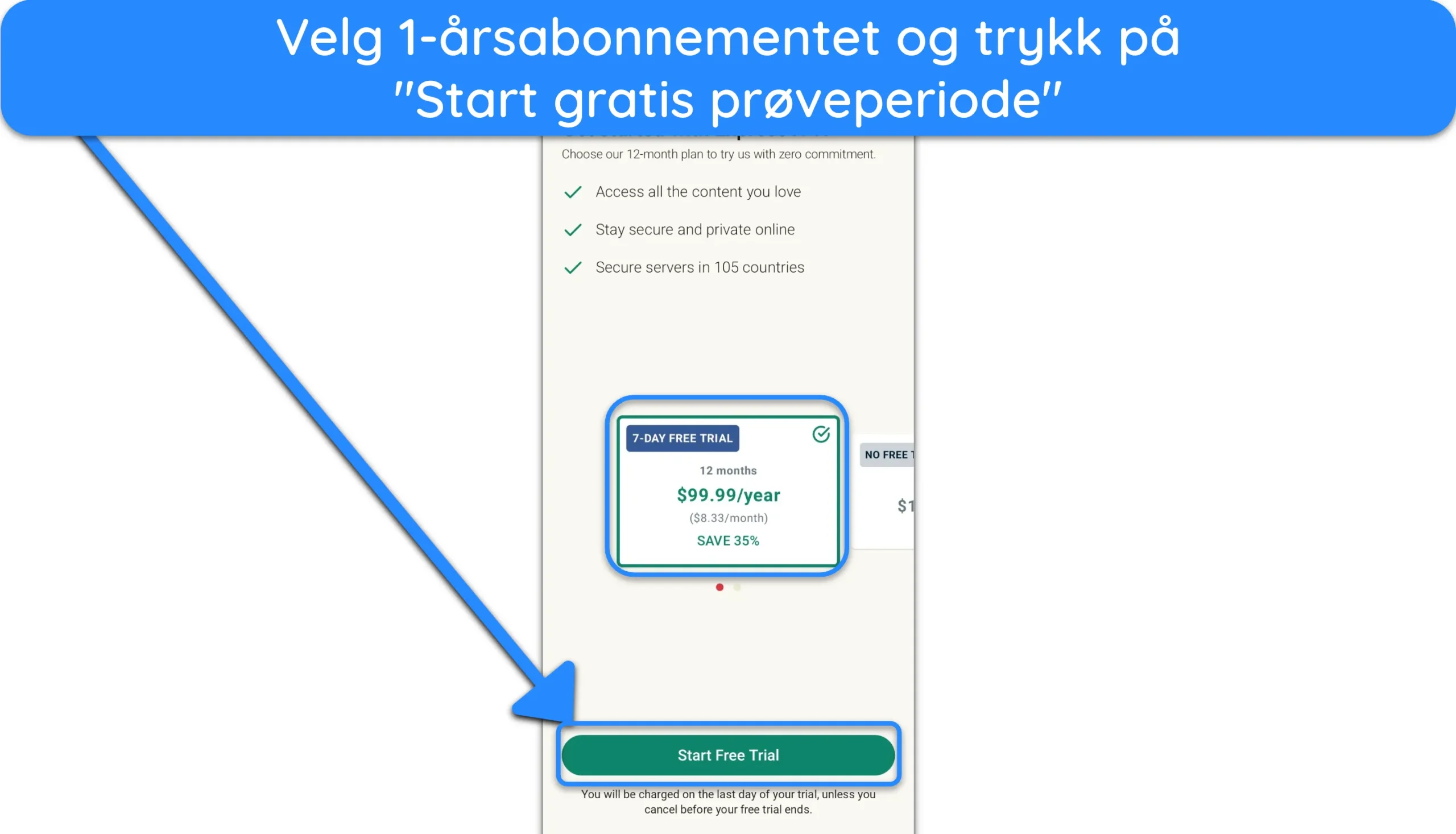 Skjermbilde som viser hvordan du får den gratis prøveversjonen etter å ha valgt ExpressVPNs 1-års plan.
