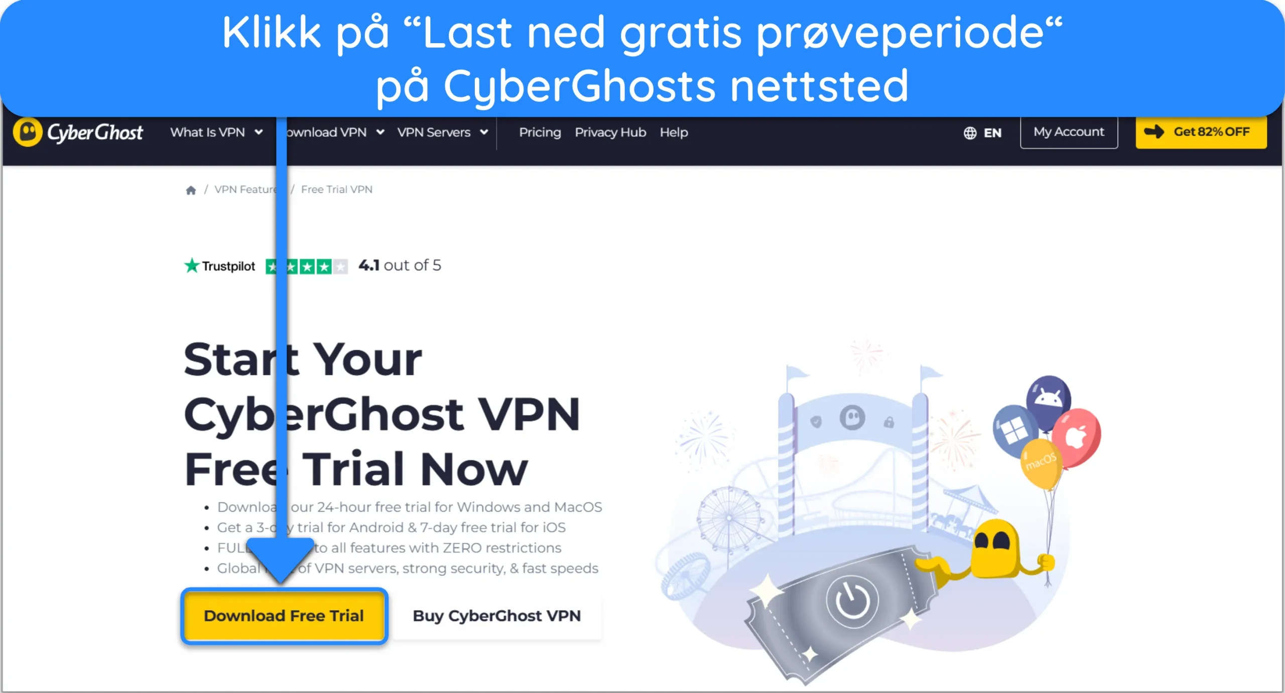 Skjermbilde som viser hvordan du får CyberGhosts gratis prøveversjon fra den offisielle nettsiden.