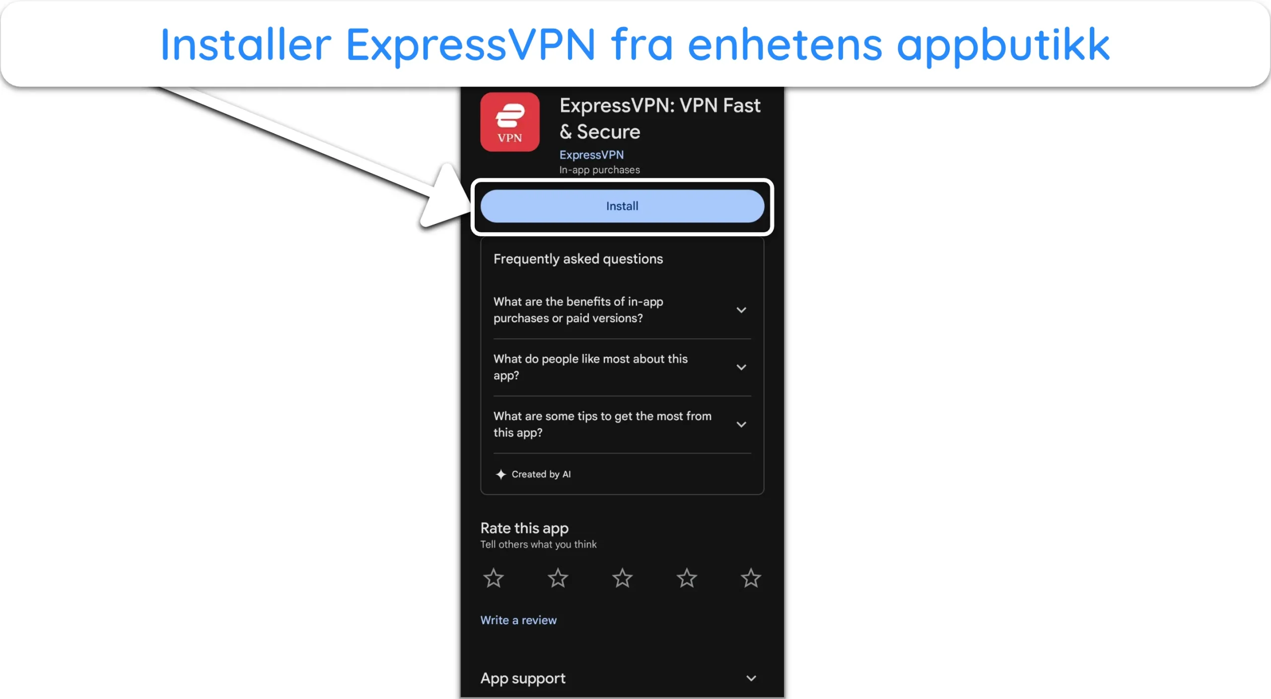 Skjermbilde som viser hvordan du installerer CyberGhost fra Google Play Store.