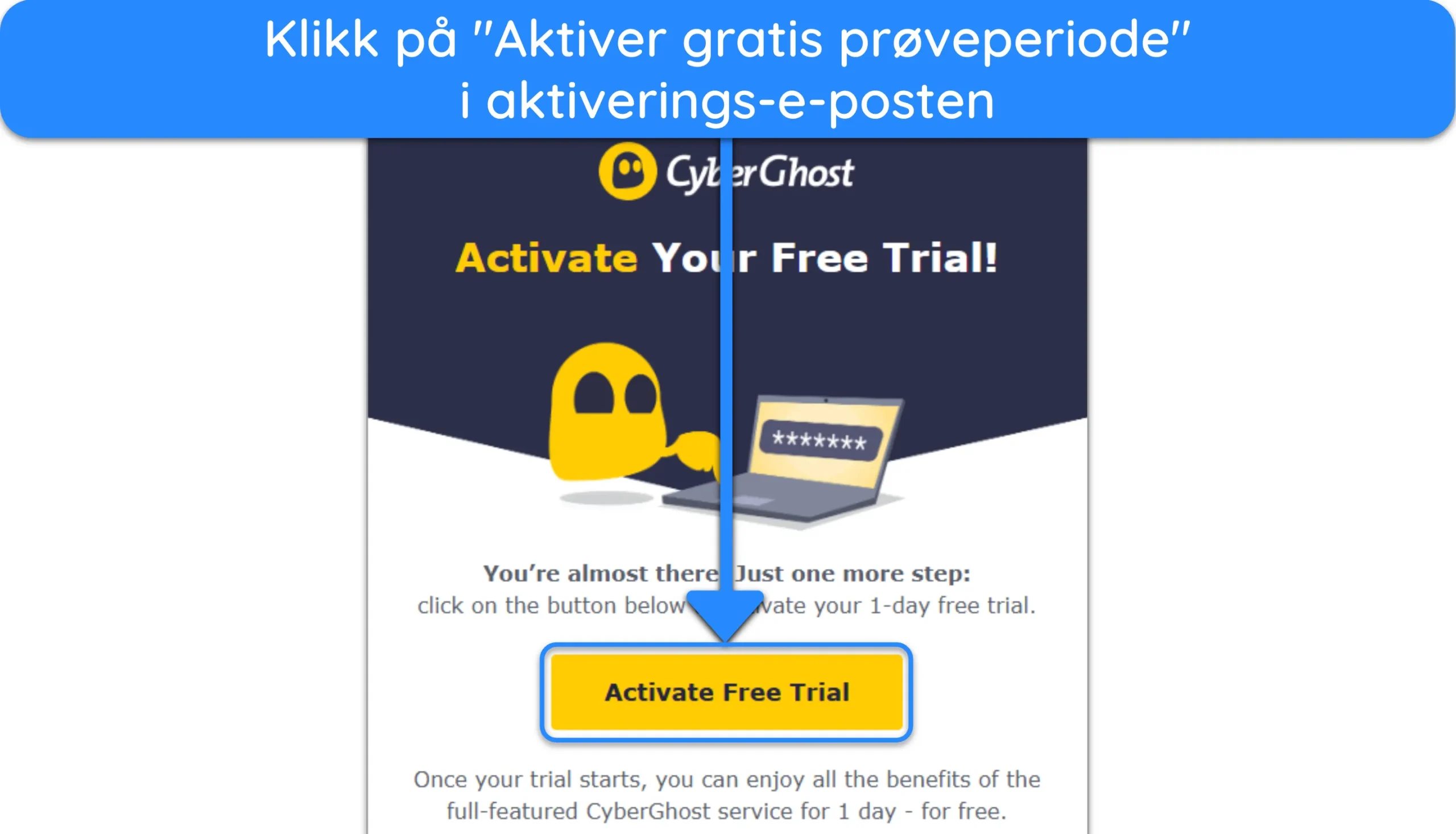 Skjermbilde som viser hvordan du aktiverer den gratis prøveversjonen etter at du har registrert deg for CyberGhost.