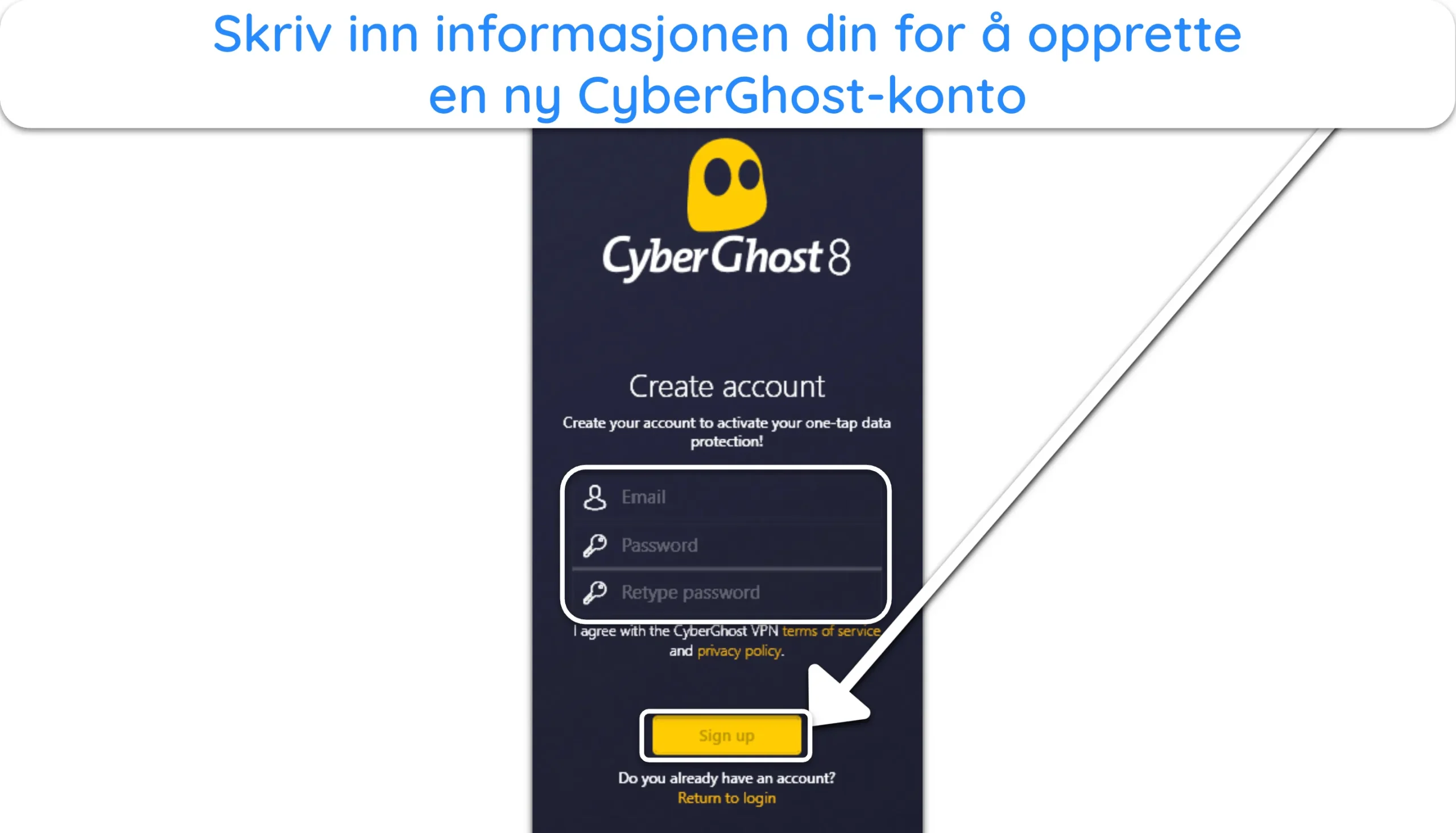 Skjermbilde som viser hvordan du fullfører registreringen for CyberGhost.