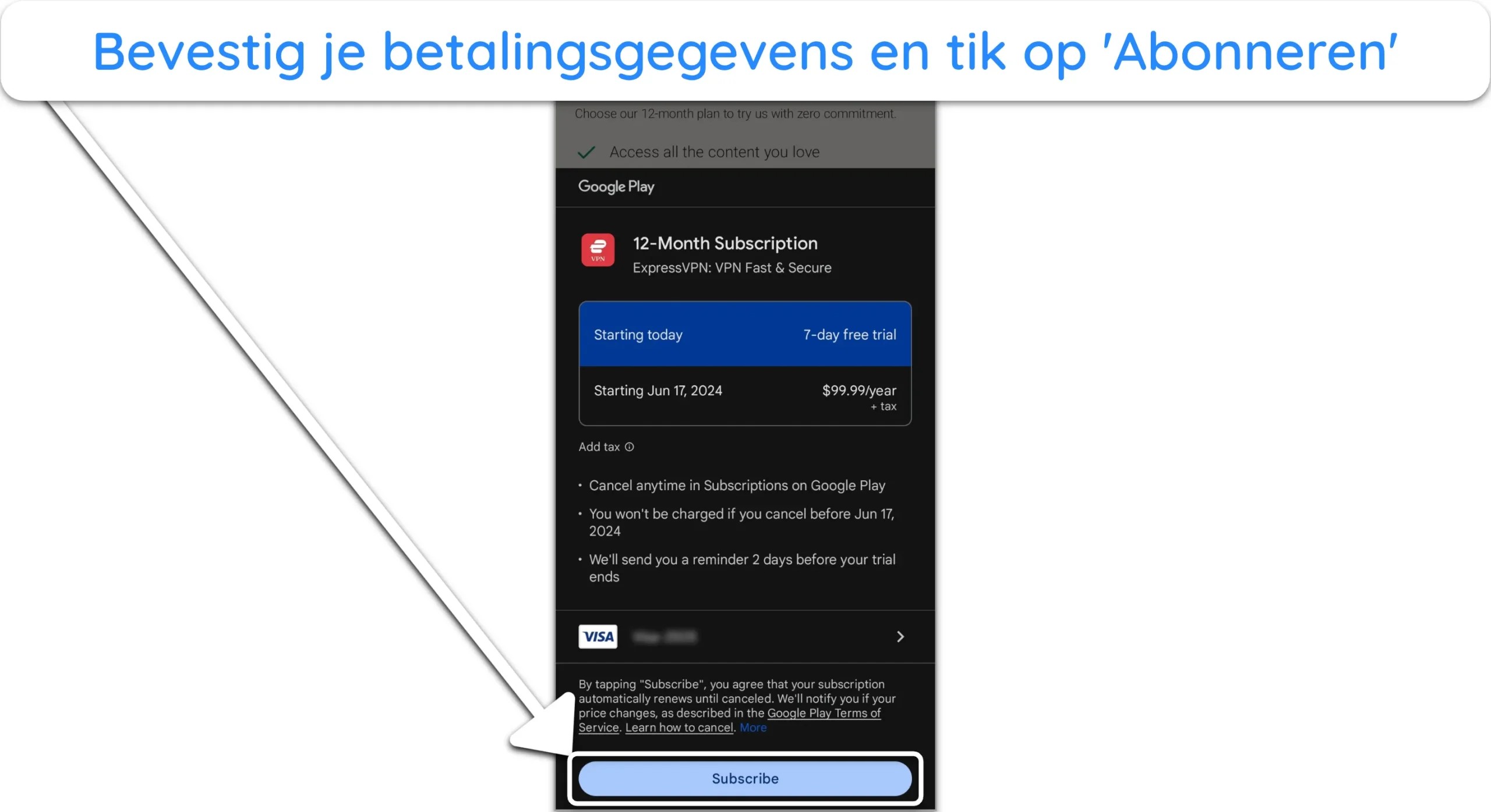 Screenshot van hoe je je betalingsgegevens kunt invoeren en de 7-daagse proefperiode van ExpressVPN kunt starten.
