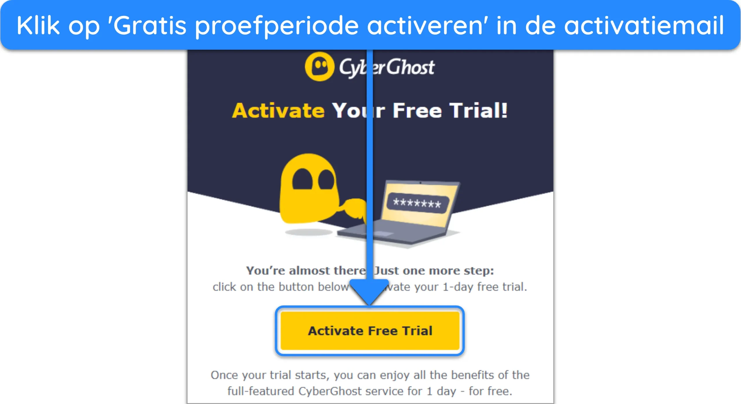 Screenshot van hoe je de gratis proefperiode activeert na aanmelding voor CyberGhost.