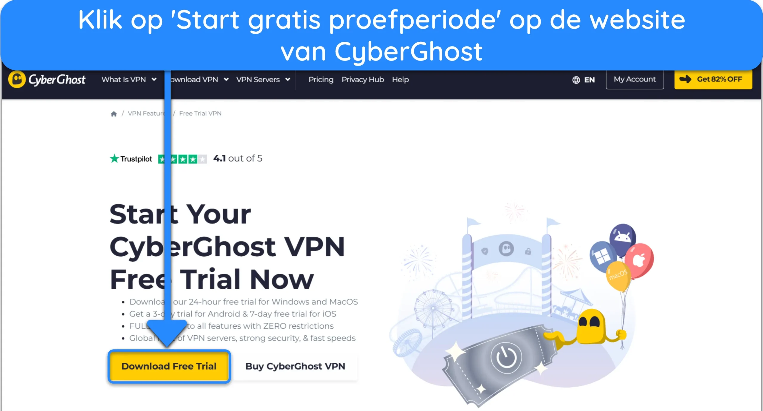 Screenshot van hoe je de gratis proefperiode van CyberGhost kunt aanvragen via de officiële website.