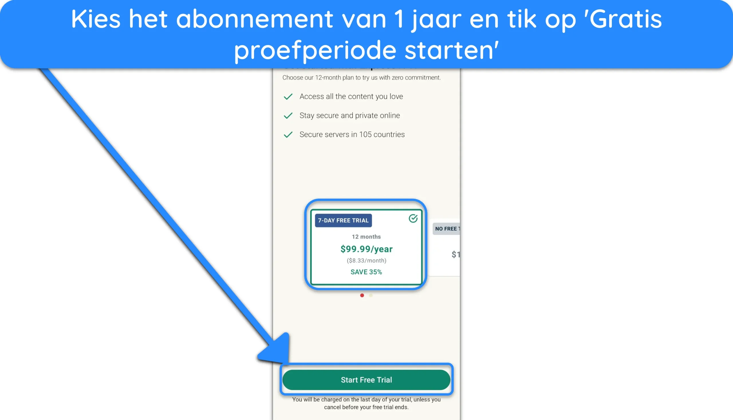Screenshot van hoe je de gratis proefperiode kunt aanvragen na het kiezen van het 1-jarig abonnement van ExpressVPN.