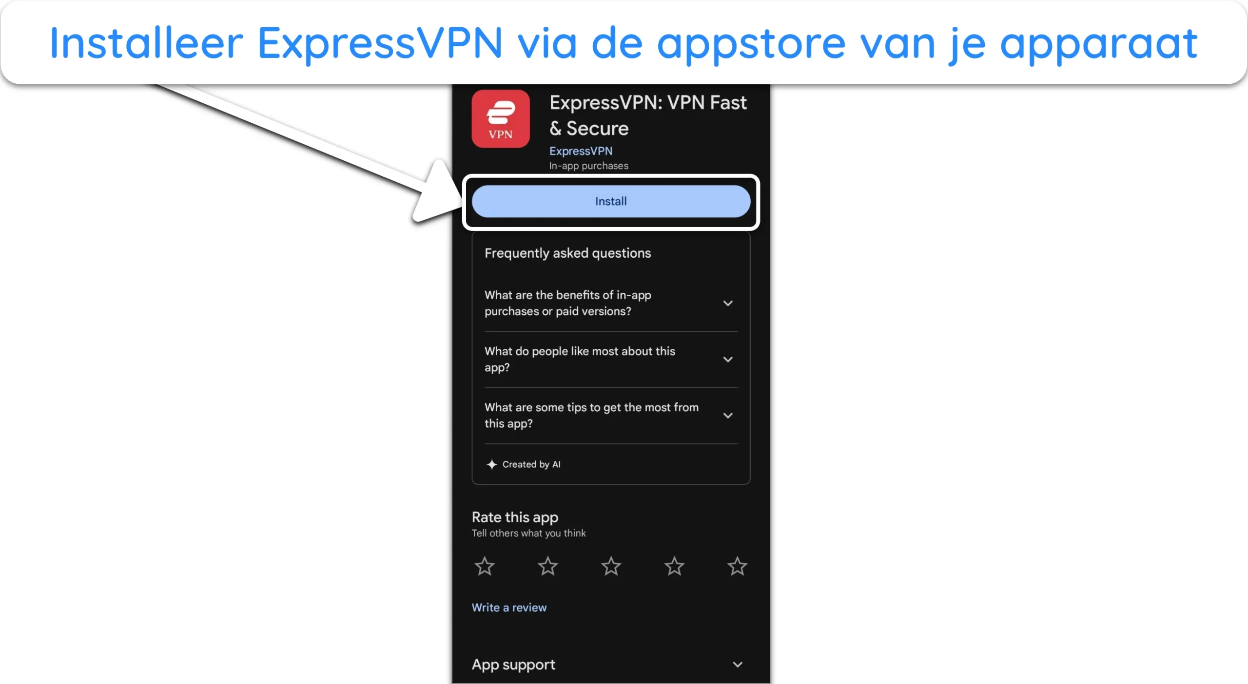 Screenshot van hoe je CyberGhost installeert vanuit de Google Play Store.