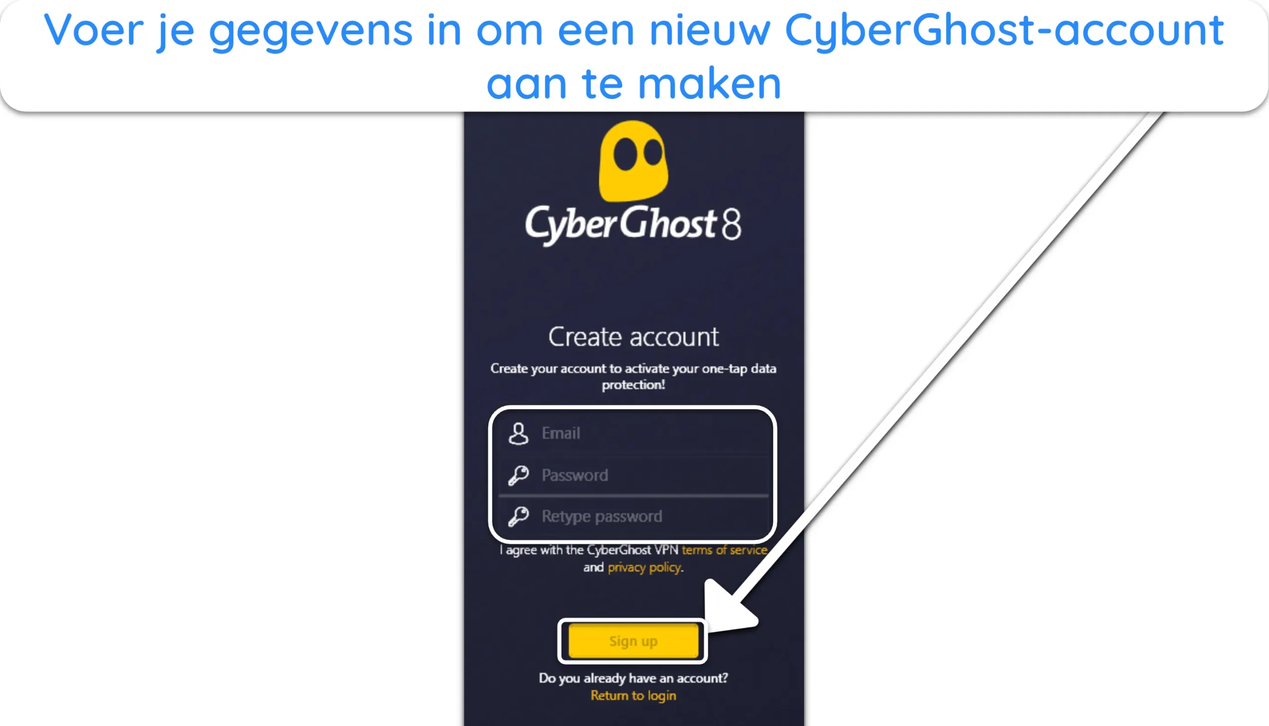 Screenshot van hoe je je aanmelding voor CyberGhost kunt voltooien.