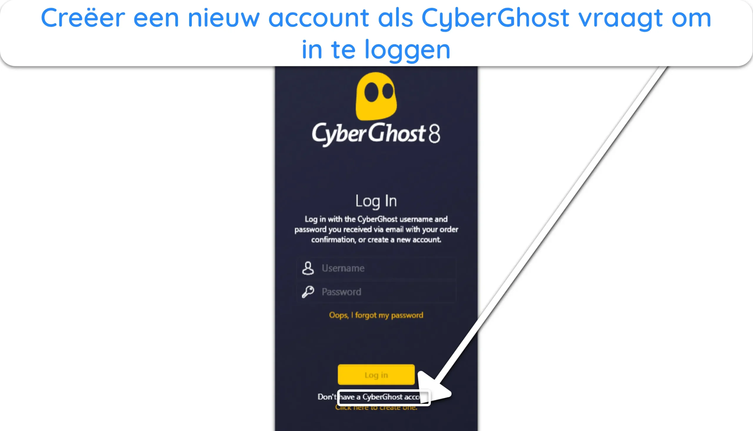 Screenshot van hoe je de aanmeldpagina in de CyberGhost-app kunt openen.
