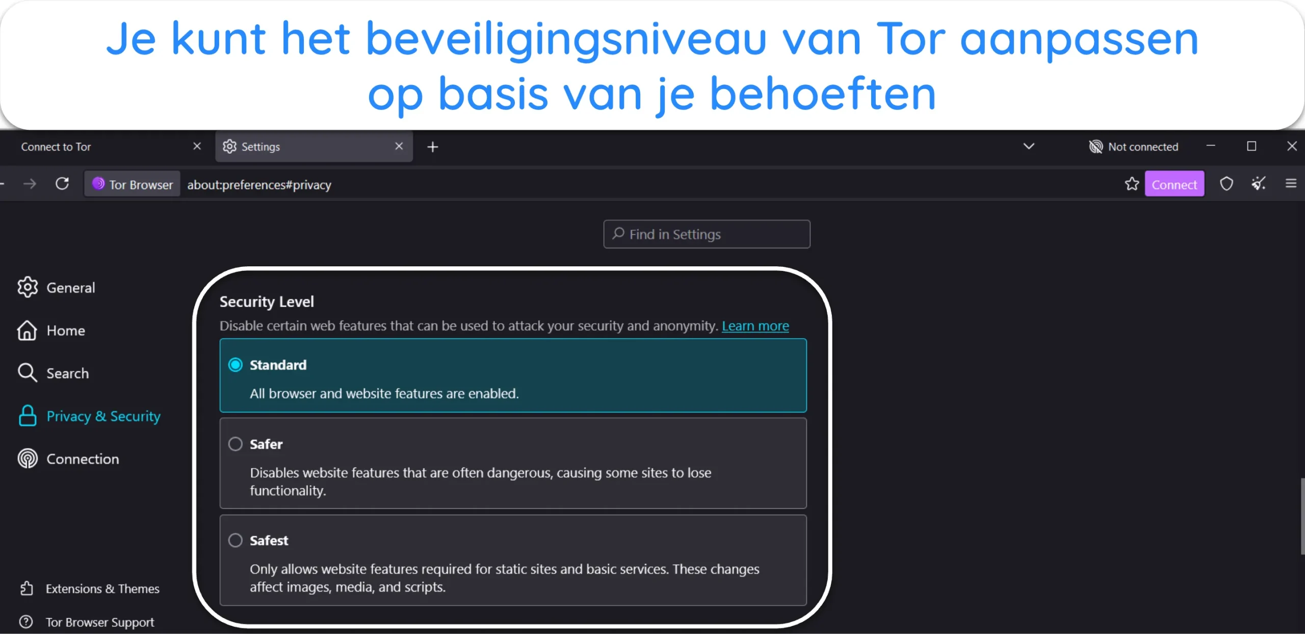 Schermafbeelding van de optie Beveiligingsniveau in de Tor-instellingen