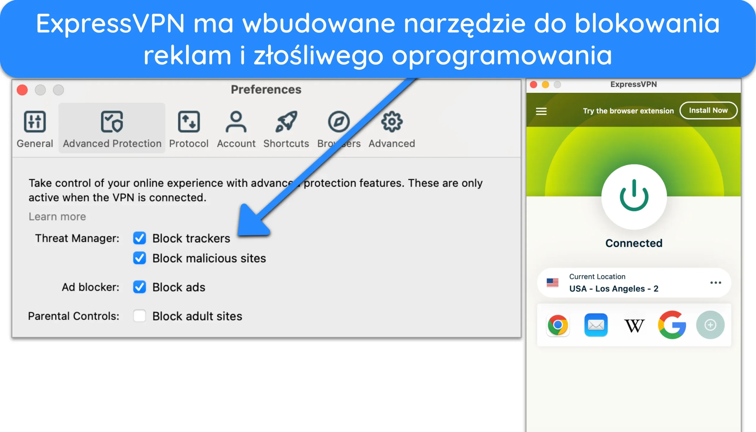 Zrzut ekranu ExpressVPN połączonego z serwerem w USA z włączonym blokerem reklam, trackerów i złośliwego oprogramowania w preferencjach.