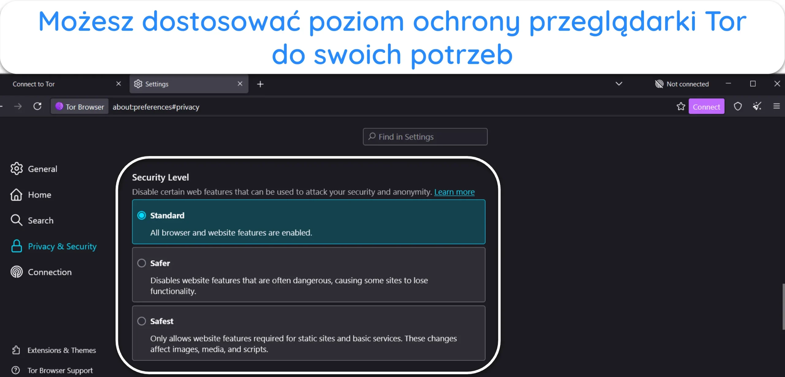 Zrzut ekranu pokazujący opcję Poziom bezpieczeństwa w ustawieniach Tor