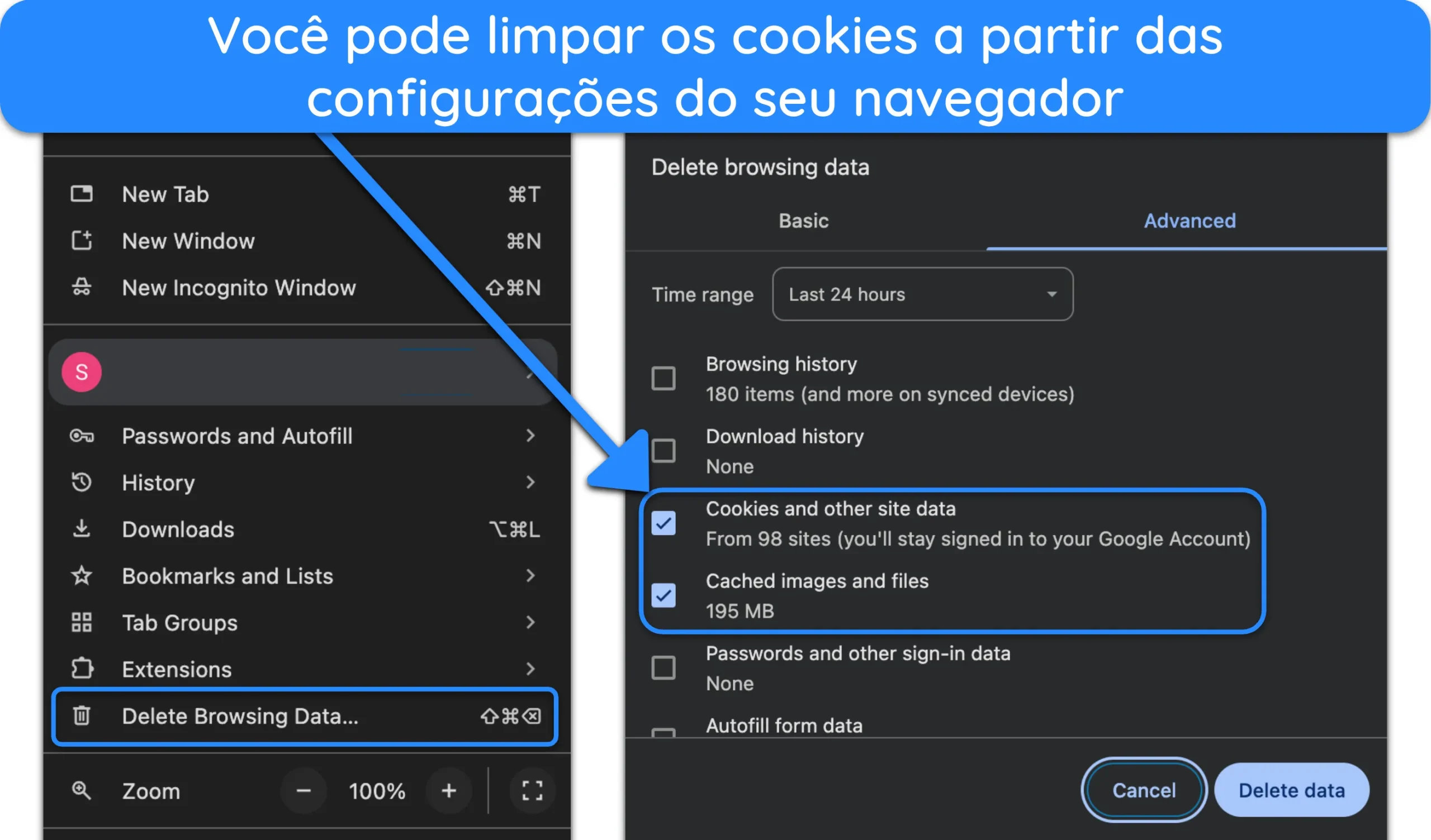 Captura de tela de como limpar cookies e cache no Google Chrome.