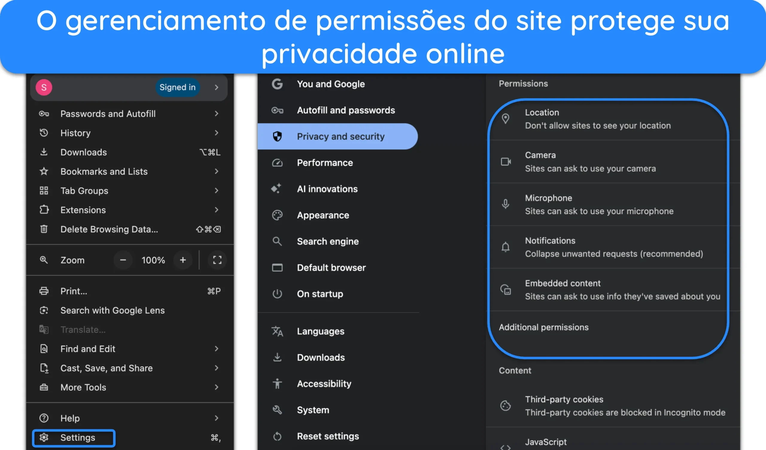 Captura de tela de como gerenciar permissões de site no Google Chrome.