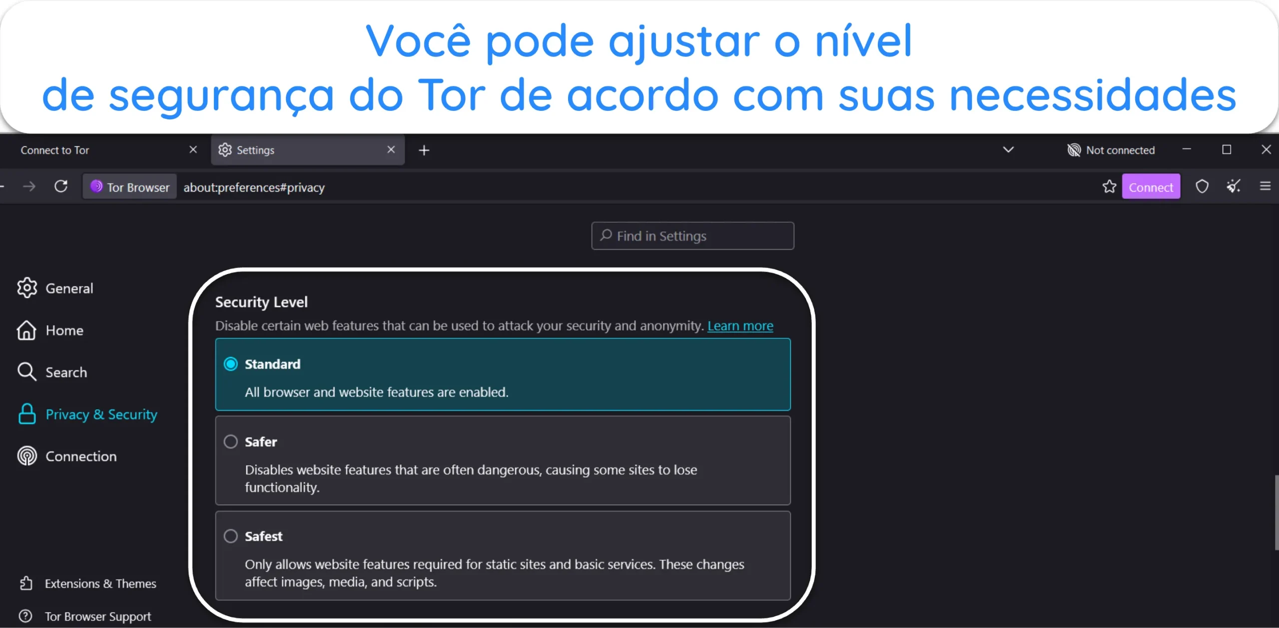 Captura de tela mostrando a opção Nível de segurança nas configurações do Tor
