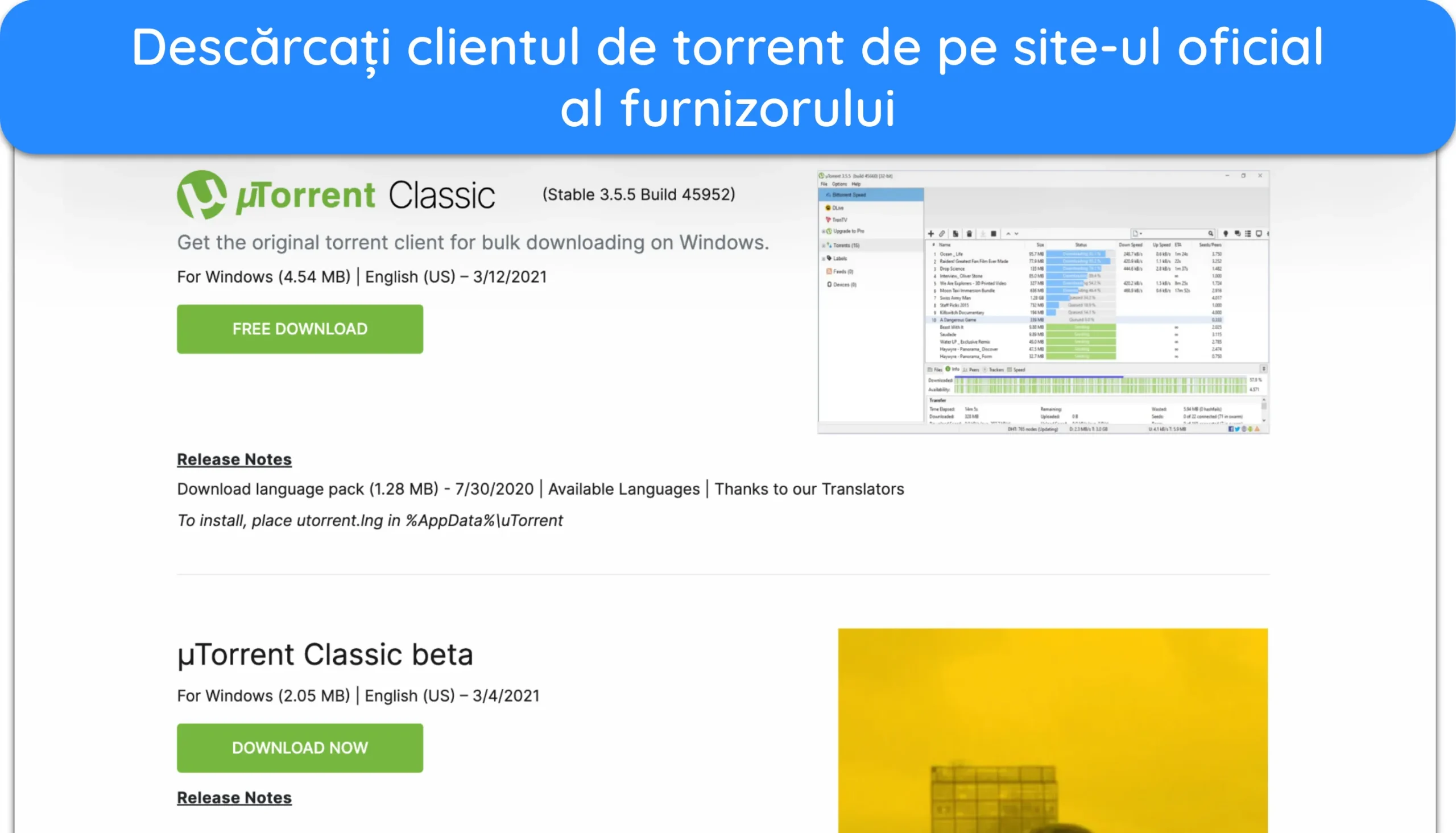 Captură de ecran despre cum să descărcați uTorrent de pe site-ul său oficial.