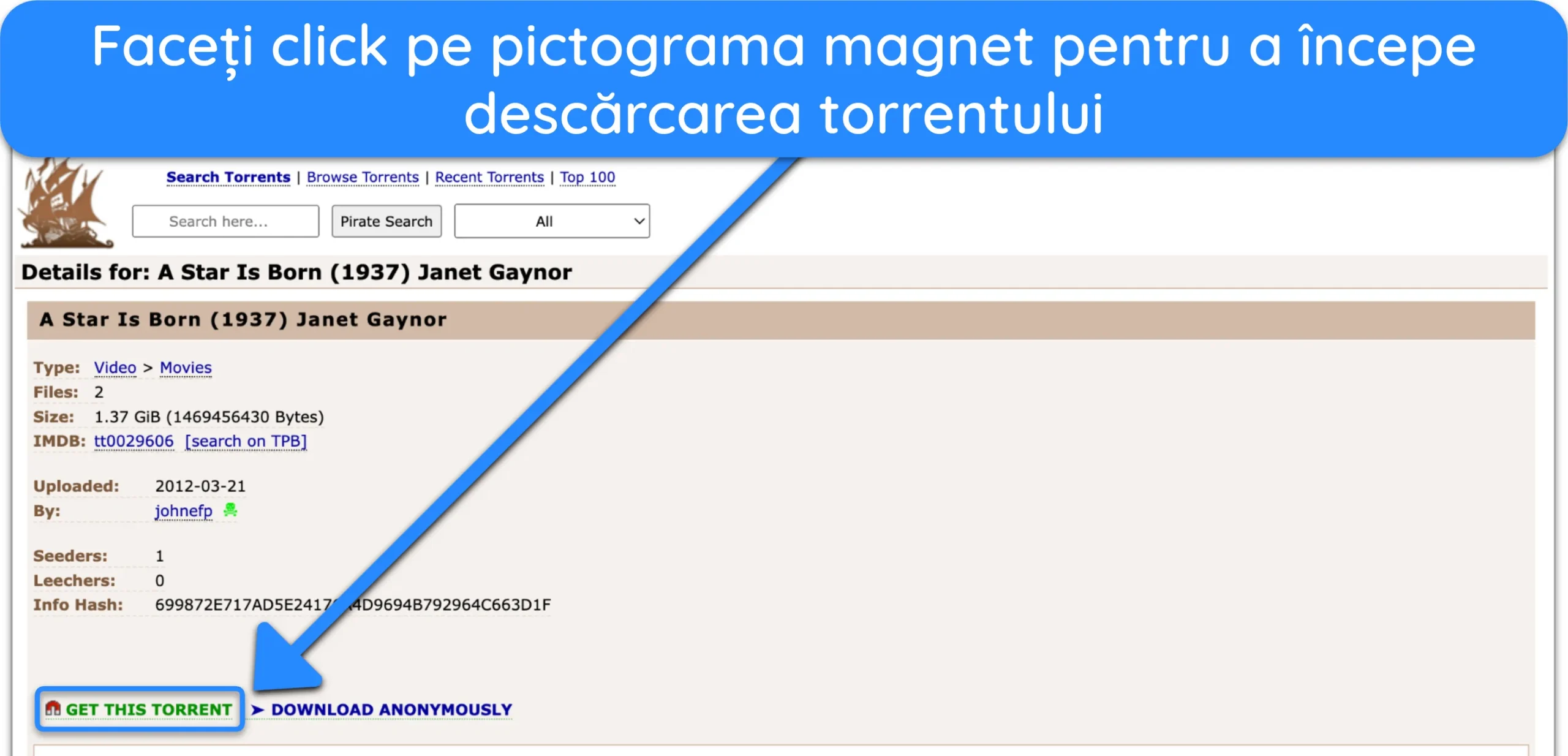 Captură de ecran care arată linkul magnet al unui fișier torrent pe The Pirate Bay.