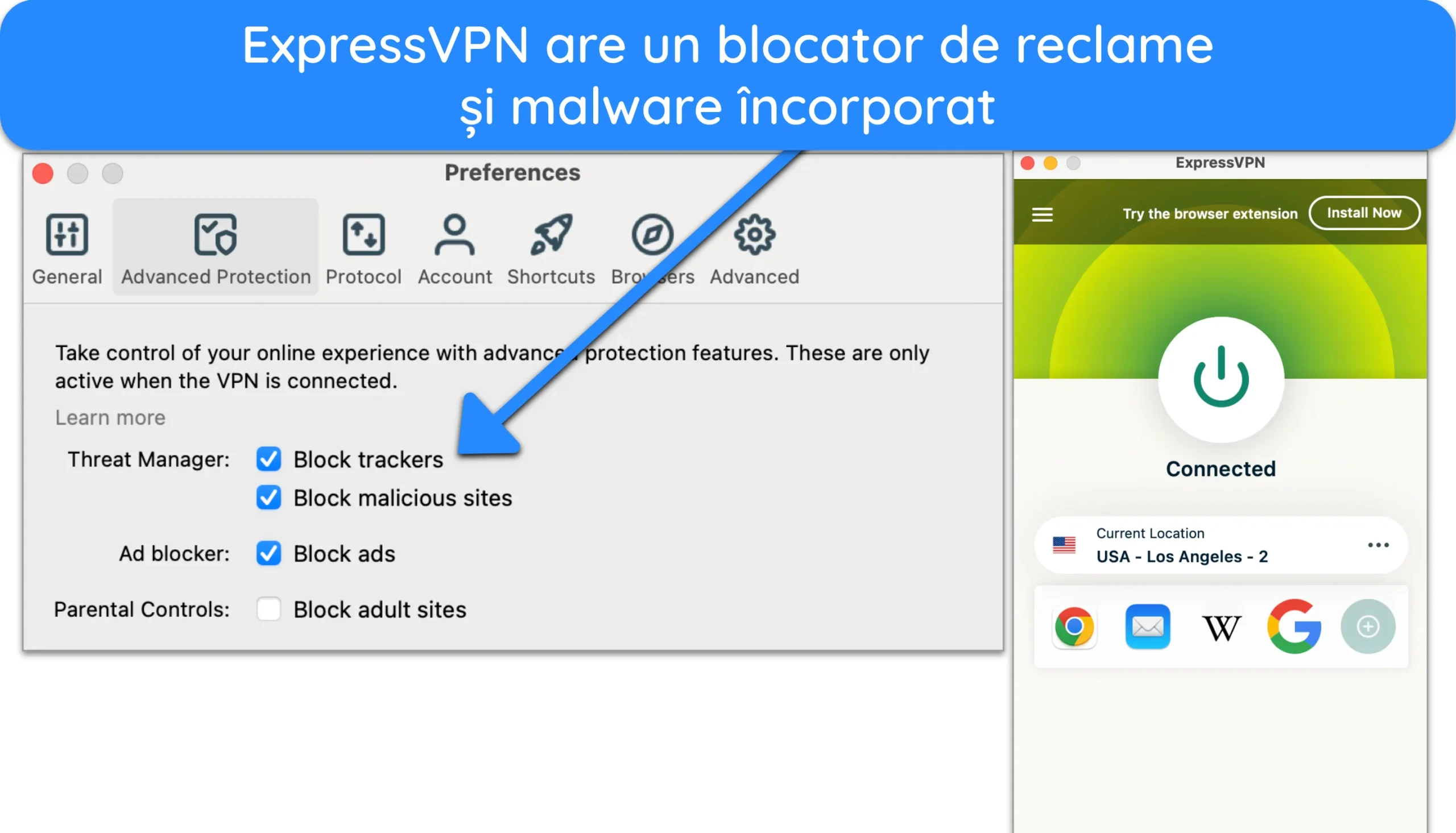Captură de ecran cu ExpressVPN conectat la un server din SUA cu reclame, tracker și program de blocare a malware activate din preferințe.