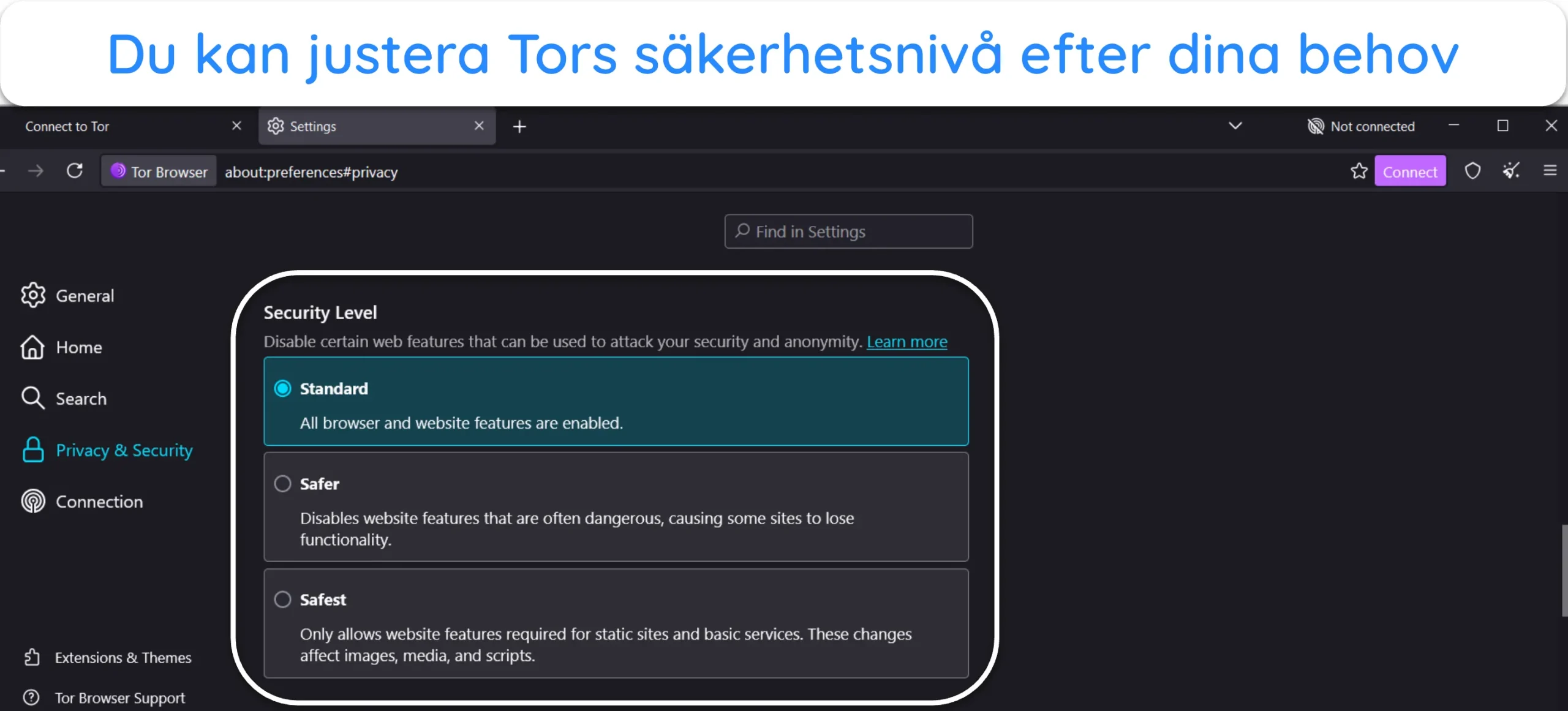 Skärmdump som visar alternativet Säkerhetsnivå i Tors inställningar