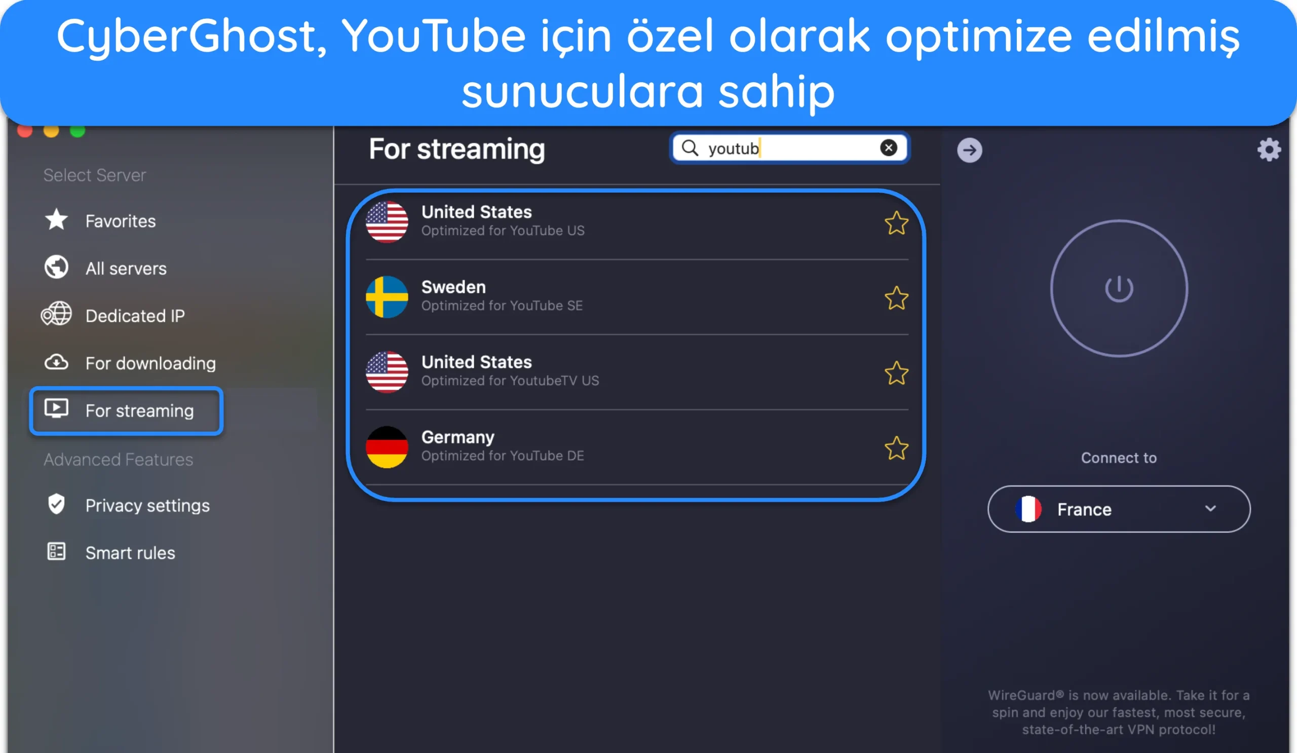CyberGhost'un YouTube'a optimize edilmiş sunucular listesinin ekran görüntüsü.