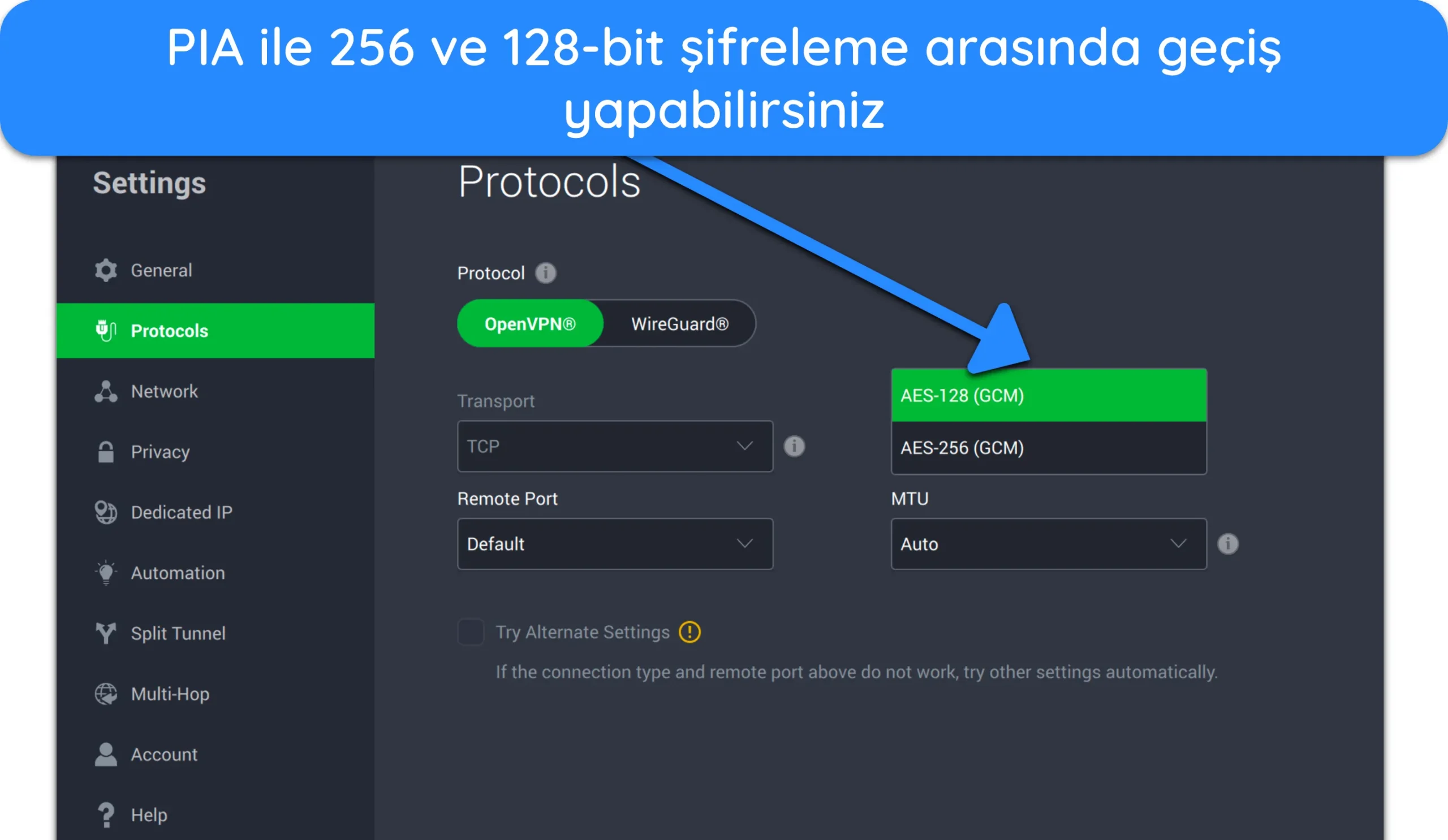 PIA'nın Mac uygulama arayüzünün 256-bit ve 128-bit şifreleme protokolü arasında nasıl geçiş yapılacağını gösteren ekran görüntüsü.