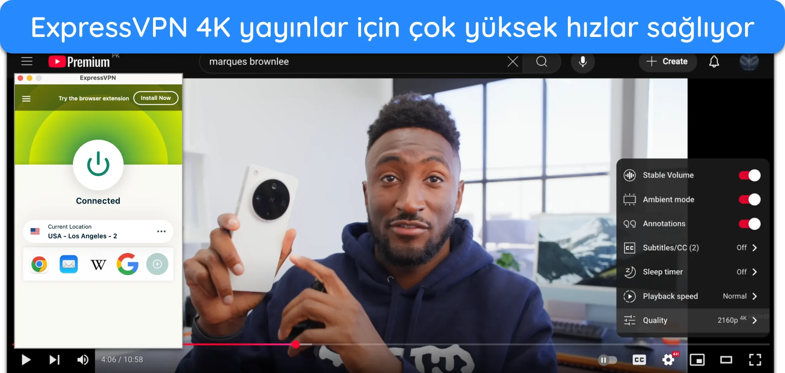 Los Angeles'taki ExpressVPN'in ABD sunucusuna bağlıyken UHD olarak yayınlanan MKBHD'nin teknoloji incelemelerinden birinin ekran görüntüsü.