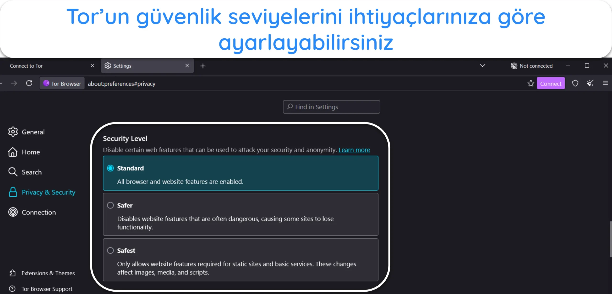 Tor ayarlarındaki Güvenlik Düzeyi seçeneğini gösteren ekran görüntüsü