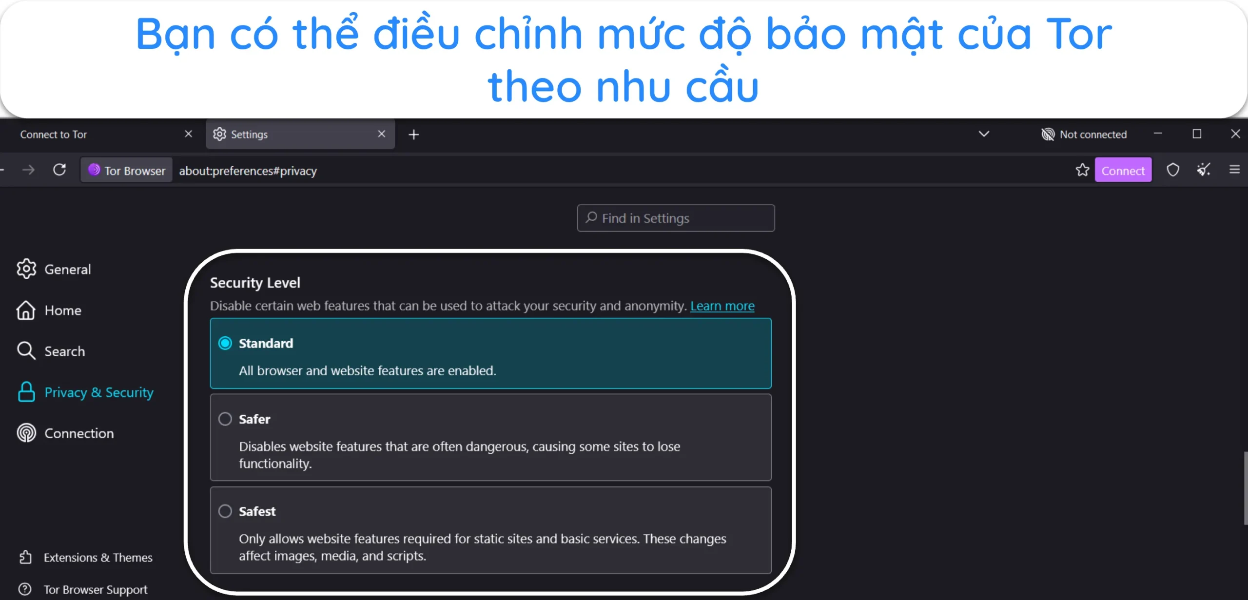 Ảnh chụp màn hình hiển thị tùy chọn Mức độ bảo mật trong cài đặt của Tor