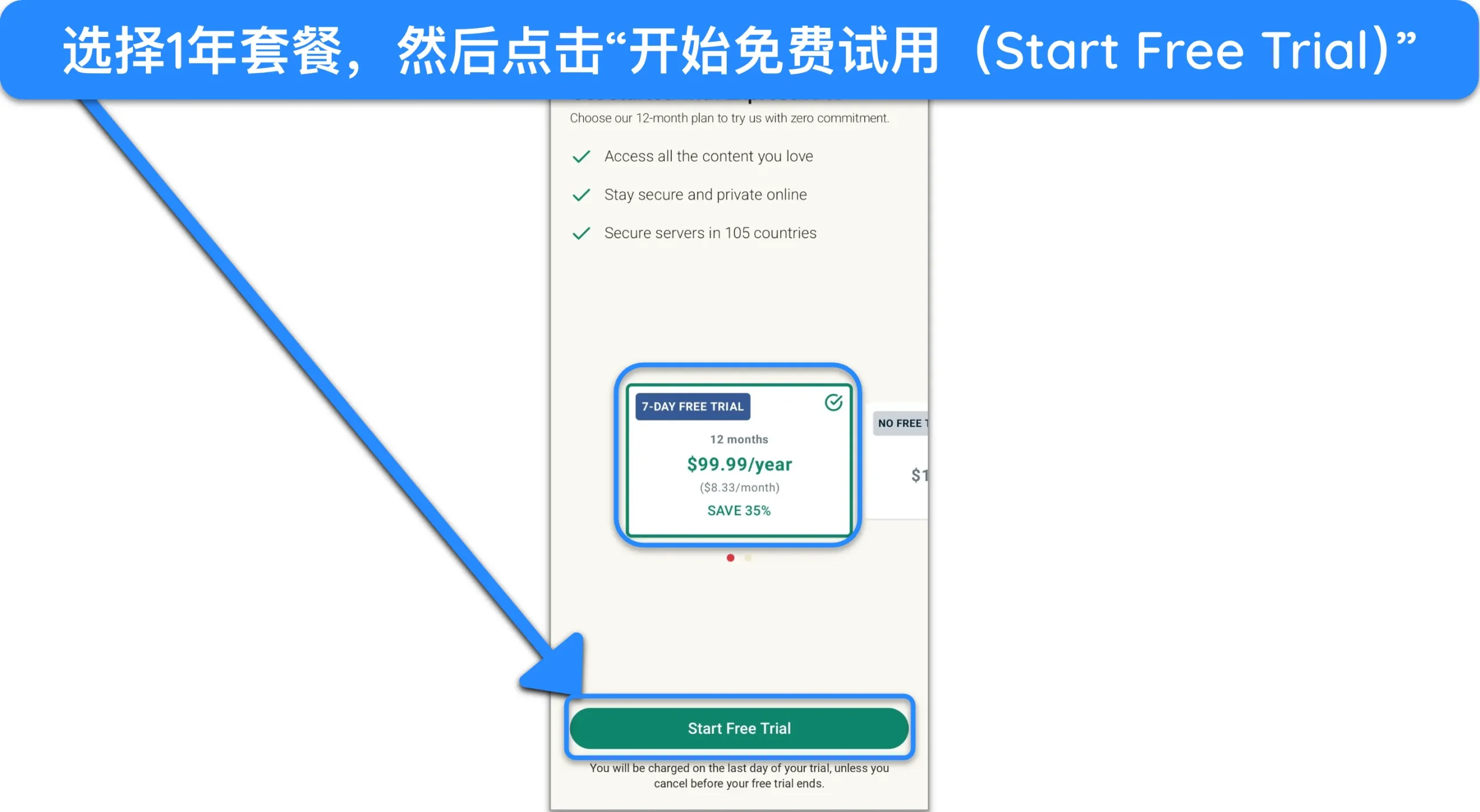 屏幕截图显示了如何在选择 ExpressVPN 的 1 年套餐后获取免费试用版。