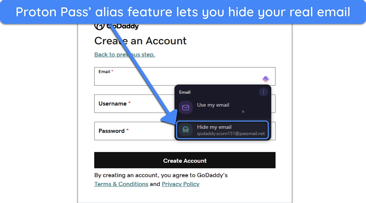 Screenshot of Proton Pass asking to use an alias instead of a real email address