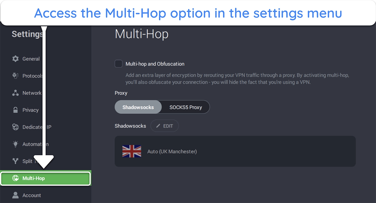 screenshot showing how to access the multi-hop and obfuscation menu in PIA's settings