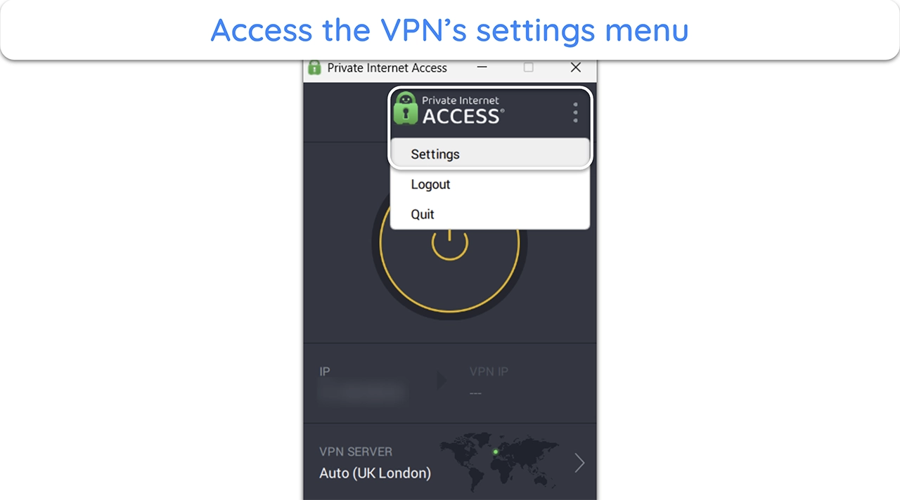 Screenshot showing how to access the settings menu in PIA's desktop app