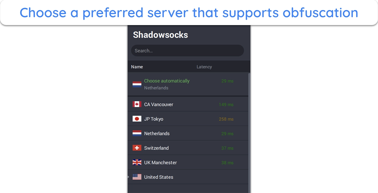 Screenshot of available PIA servers that support obfuscation