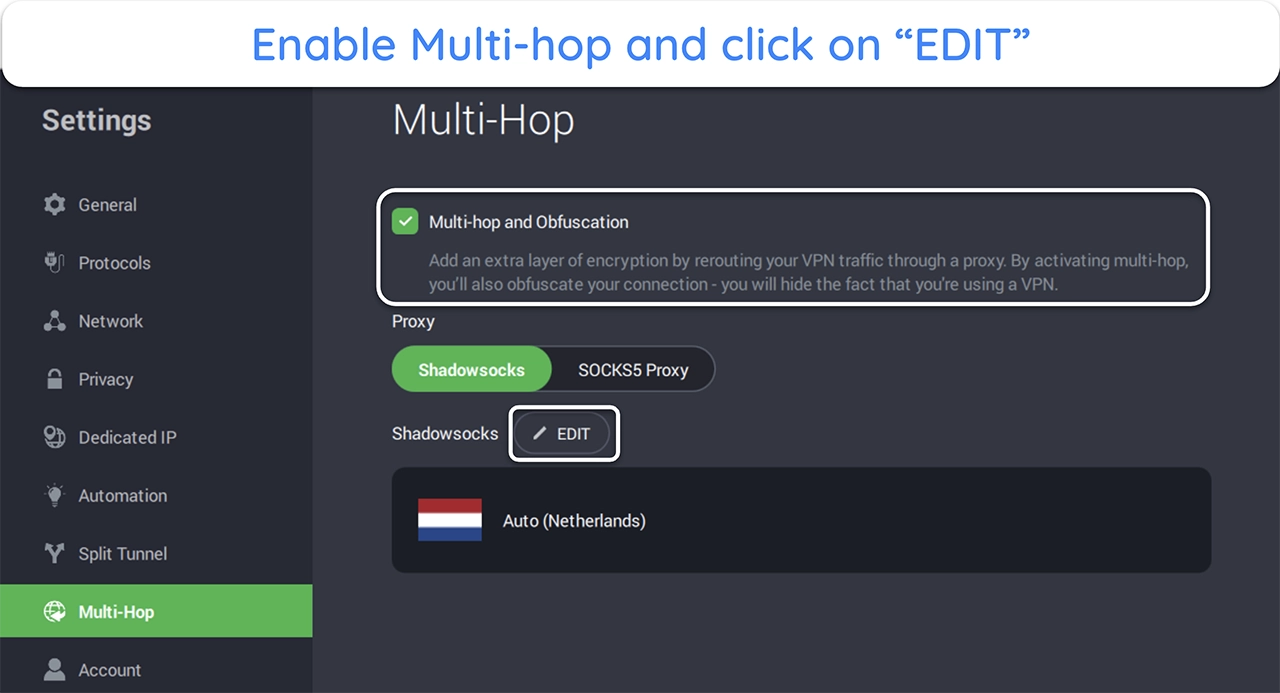 Screenshot showing how to enable multi-hop and obfuscation through PIA's settings