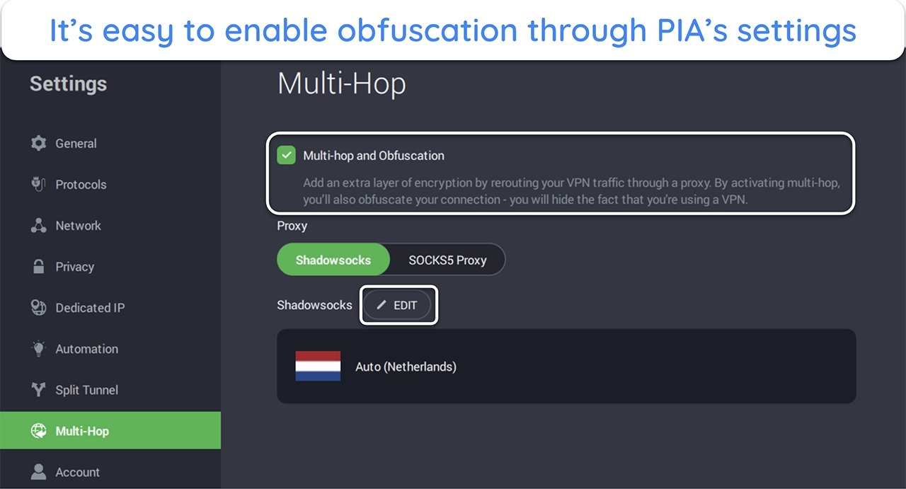 Screenshot showing how to enable obfuscation through PIA's settings menu