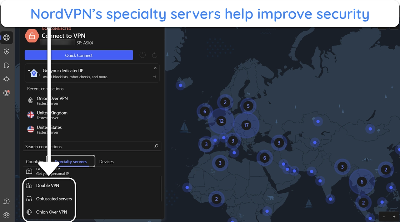 Screenshot showing the various specialty servers NordVPN offers