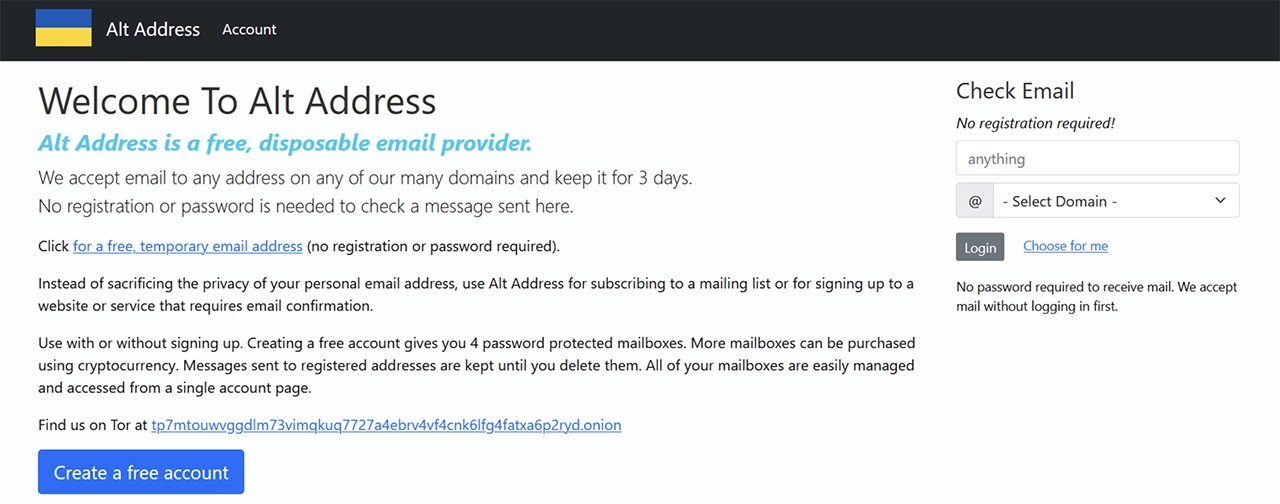 Screenshot of the Alt Address home page on the dark web