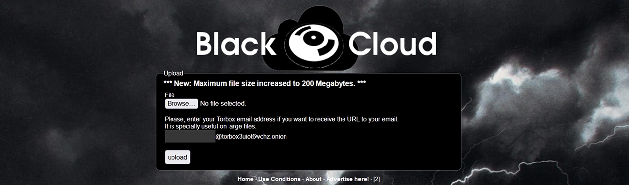 Screenshot of the BlackCloud landing page on the dark web
