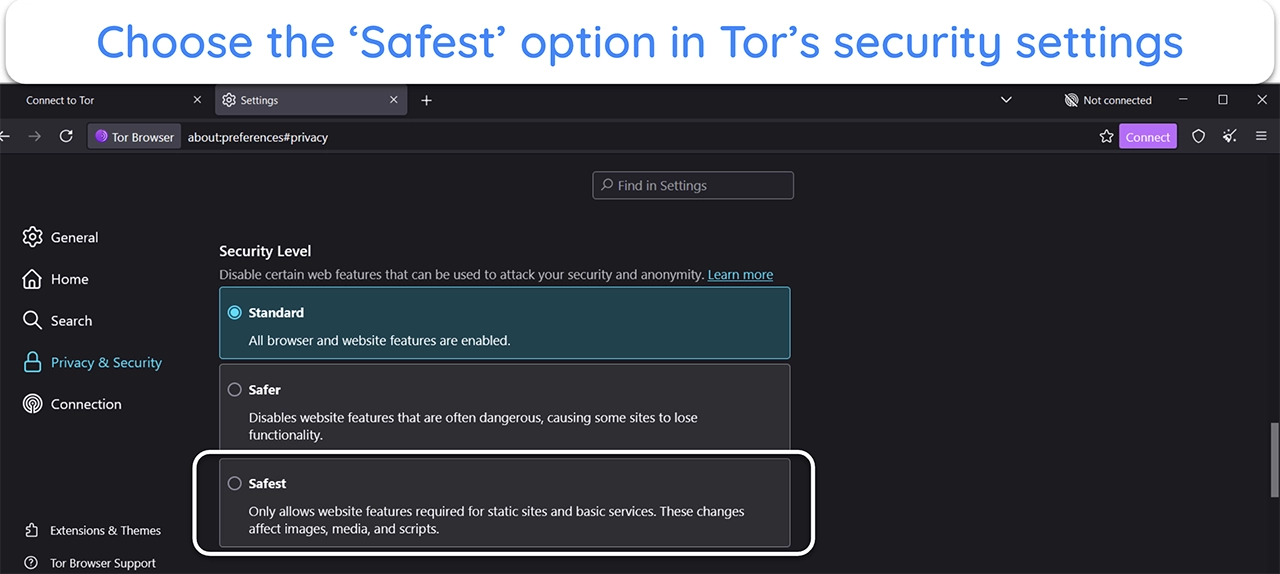 Screenshot showing how to choose the highest security option in Tor's security settings