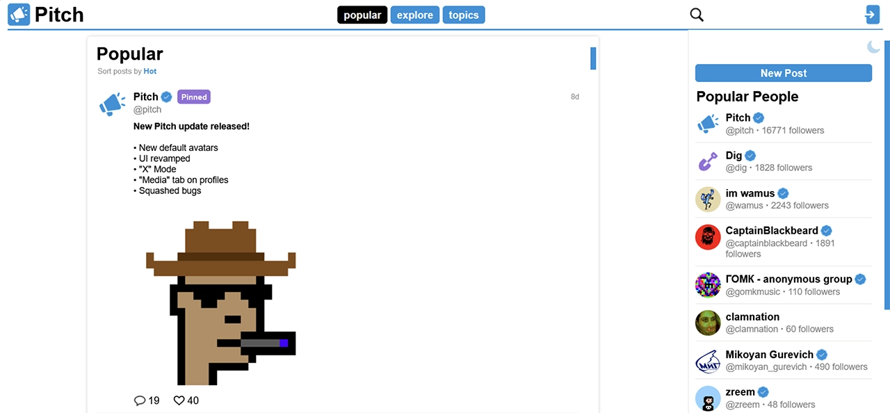 Screenshot of the Pitch main page on the dark web