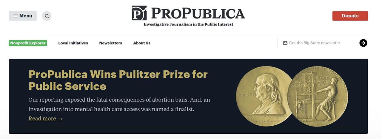 Screenshot of the ProPublica front page on the dark web
