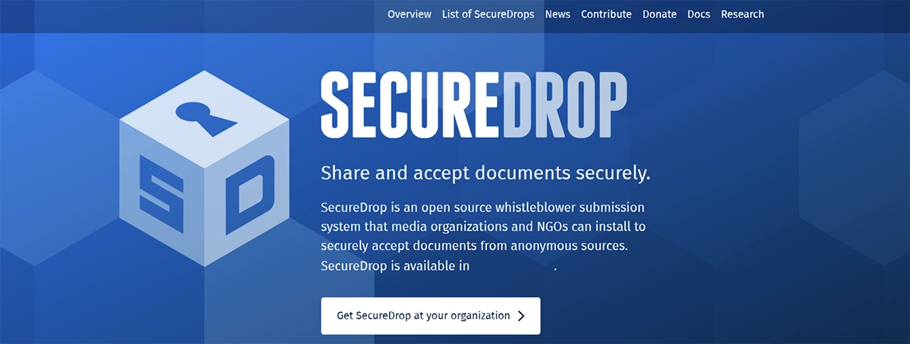 Screenshot of the SecureDrop home page on the dark web